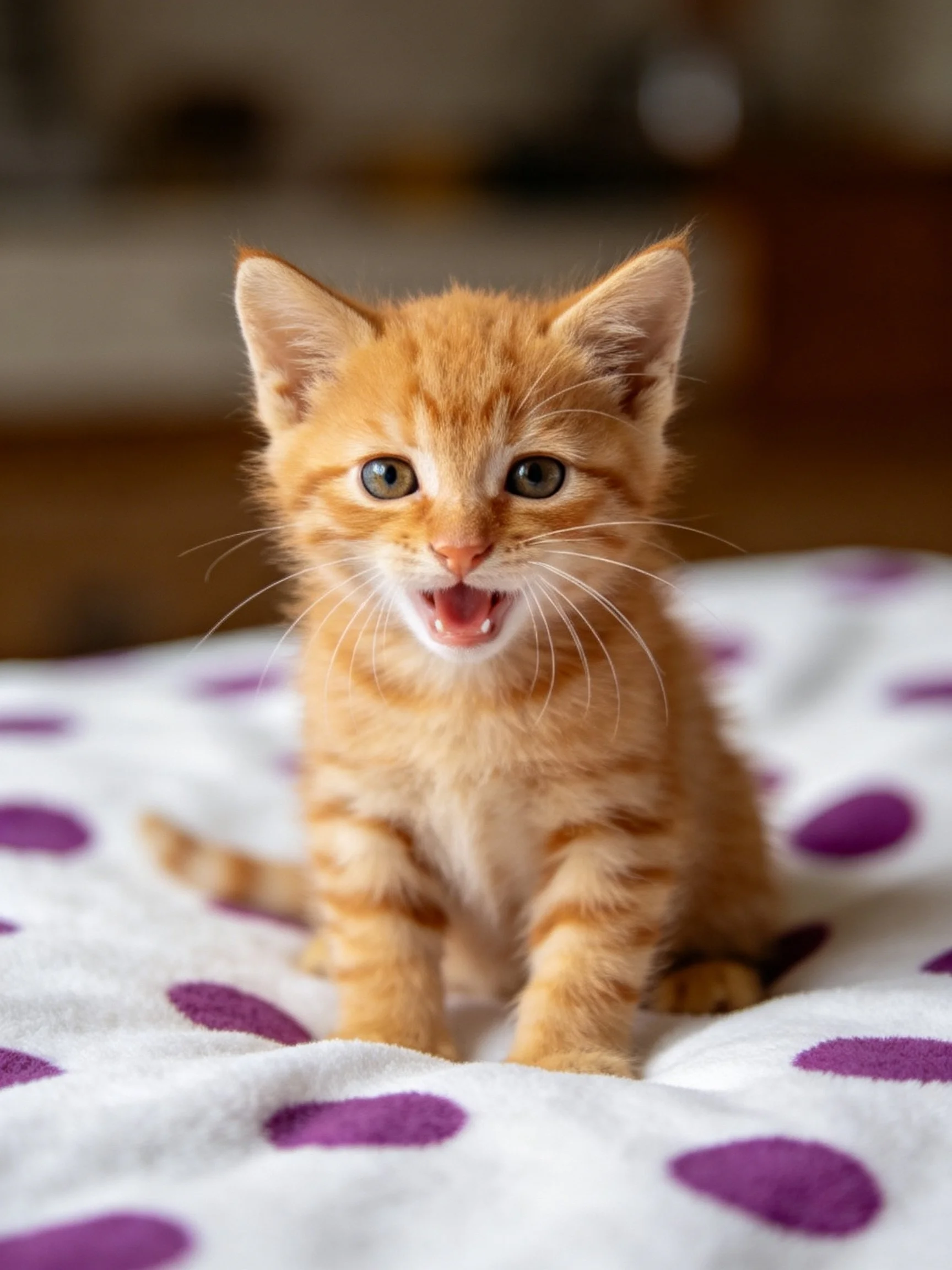 An orange tabby kitten sits on a white cloth with purple spots, mouth open