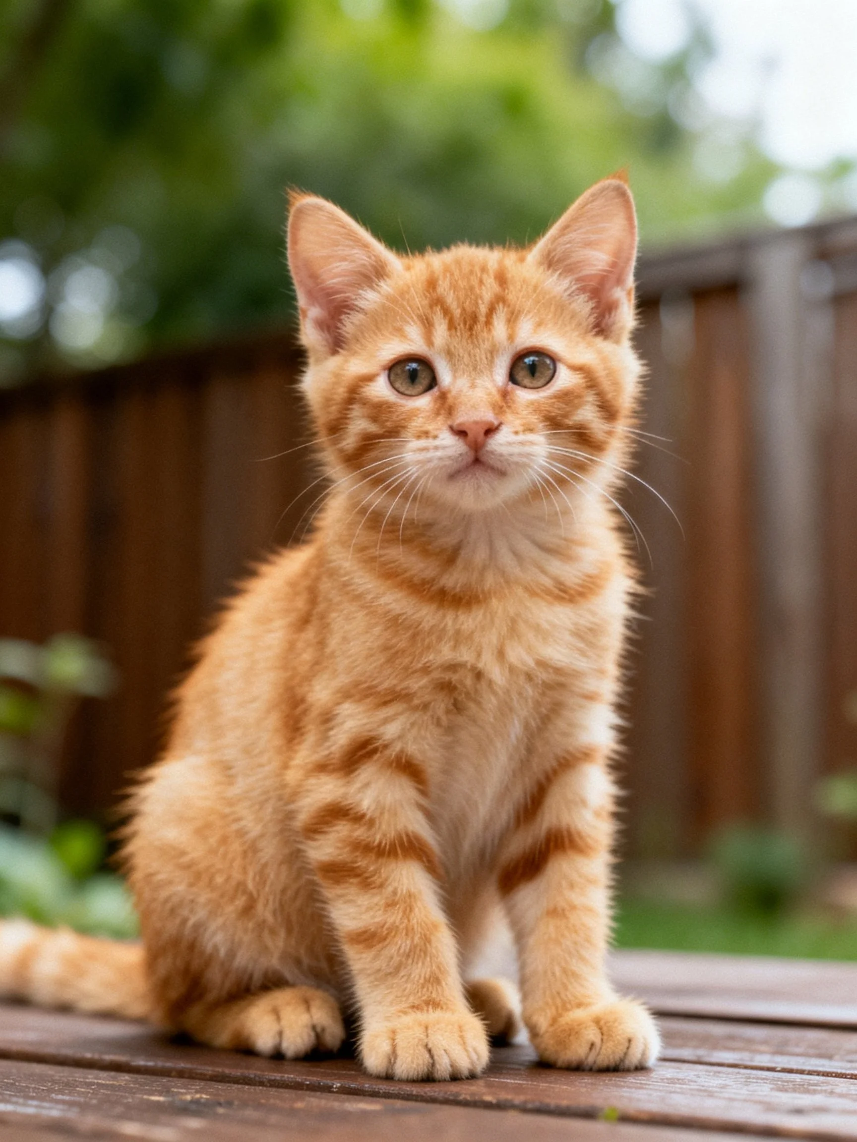 An orange tabby kitten sits calmly on a wooden deck in a backyard.