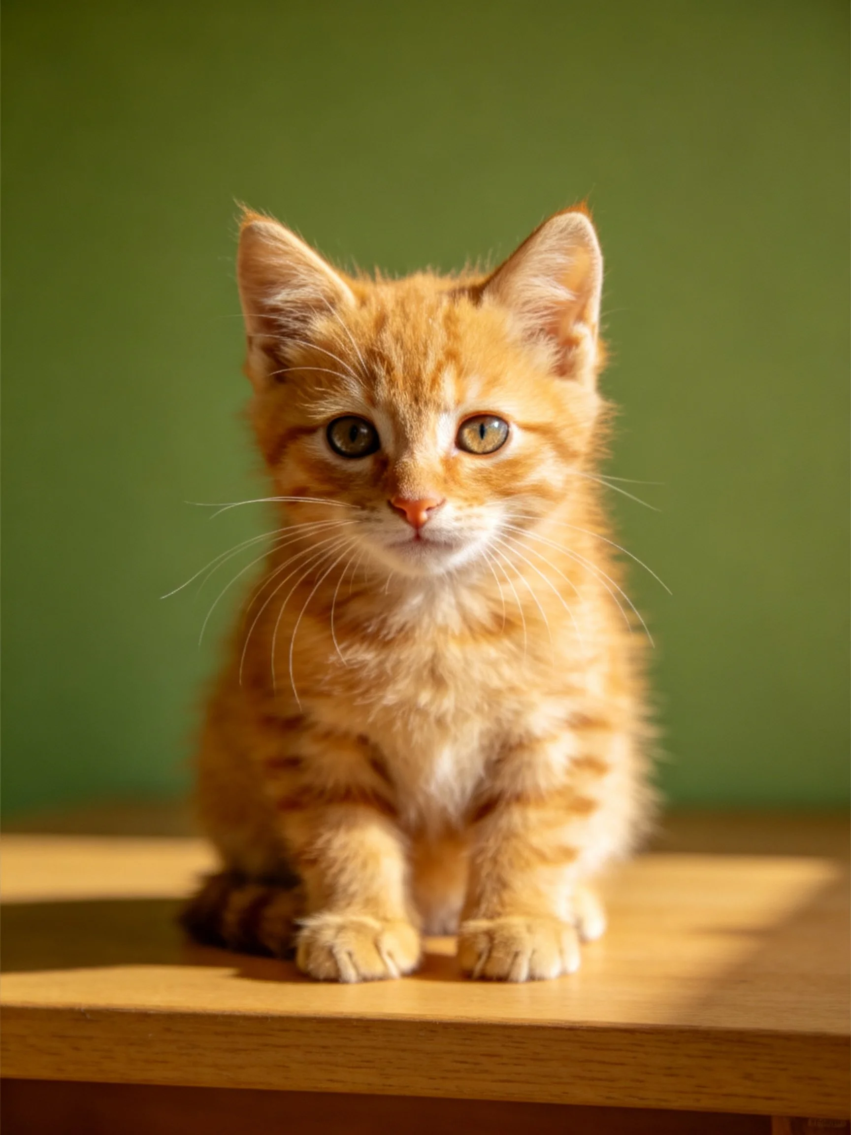 An orange tabby kitten sits calmly on a wooden surface with a green backdrop.