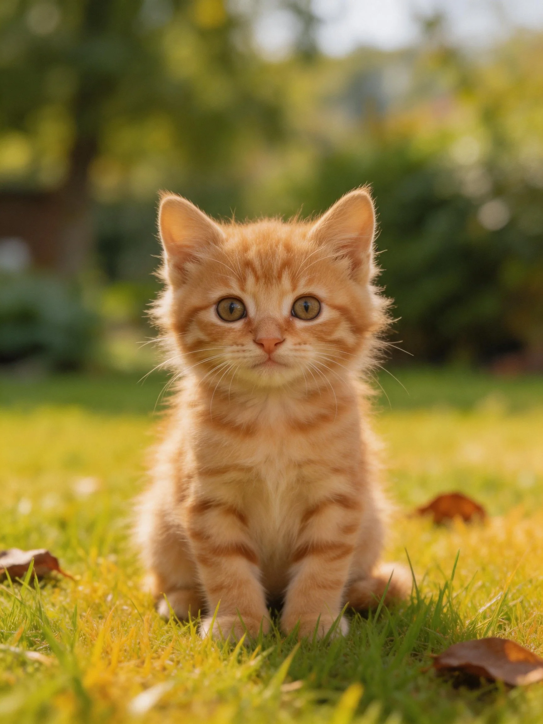 A small orange tabby kitten sits on green grass in a sunny garden