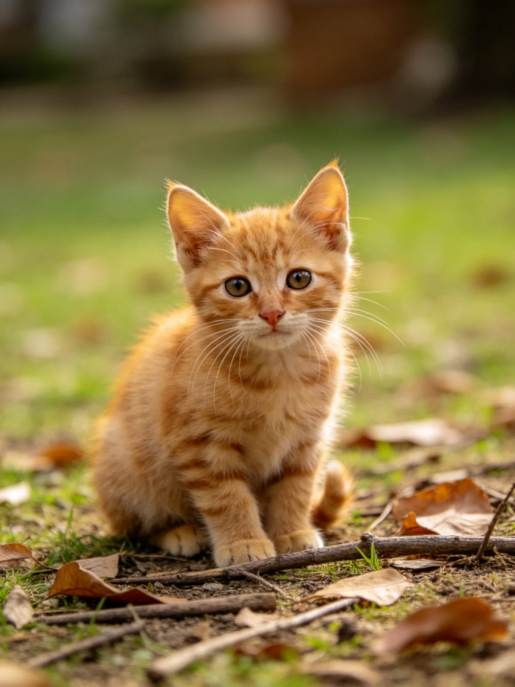 A small orange tabby kitten sits among leaves and twigs in a sunlit outdoor area
