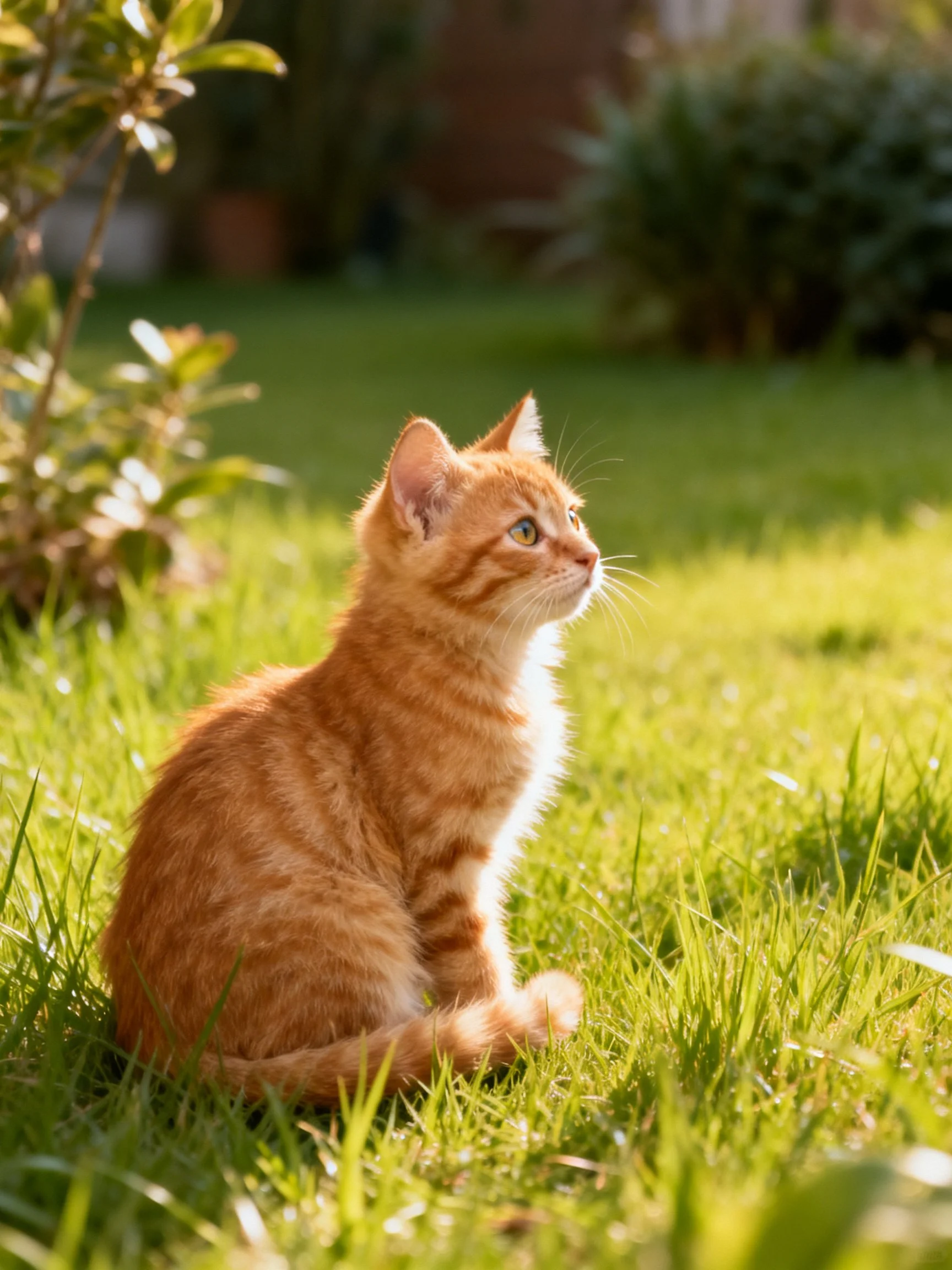 A small orange tabby kitten sitting on lush green grass
