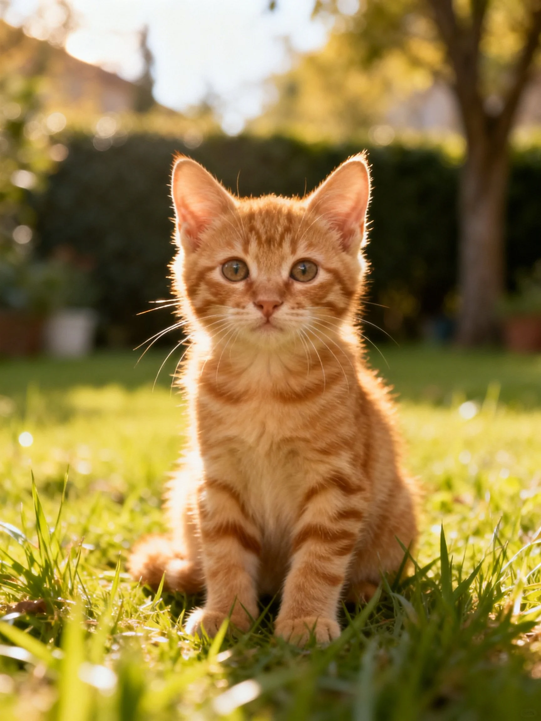A small orange tabby kitten sitting on sunlit green grass