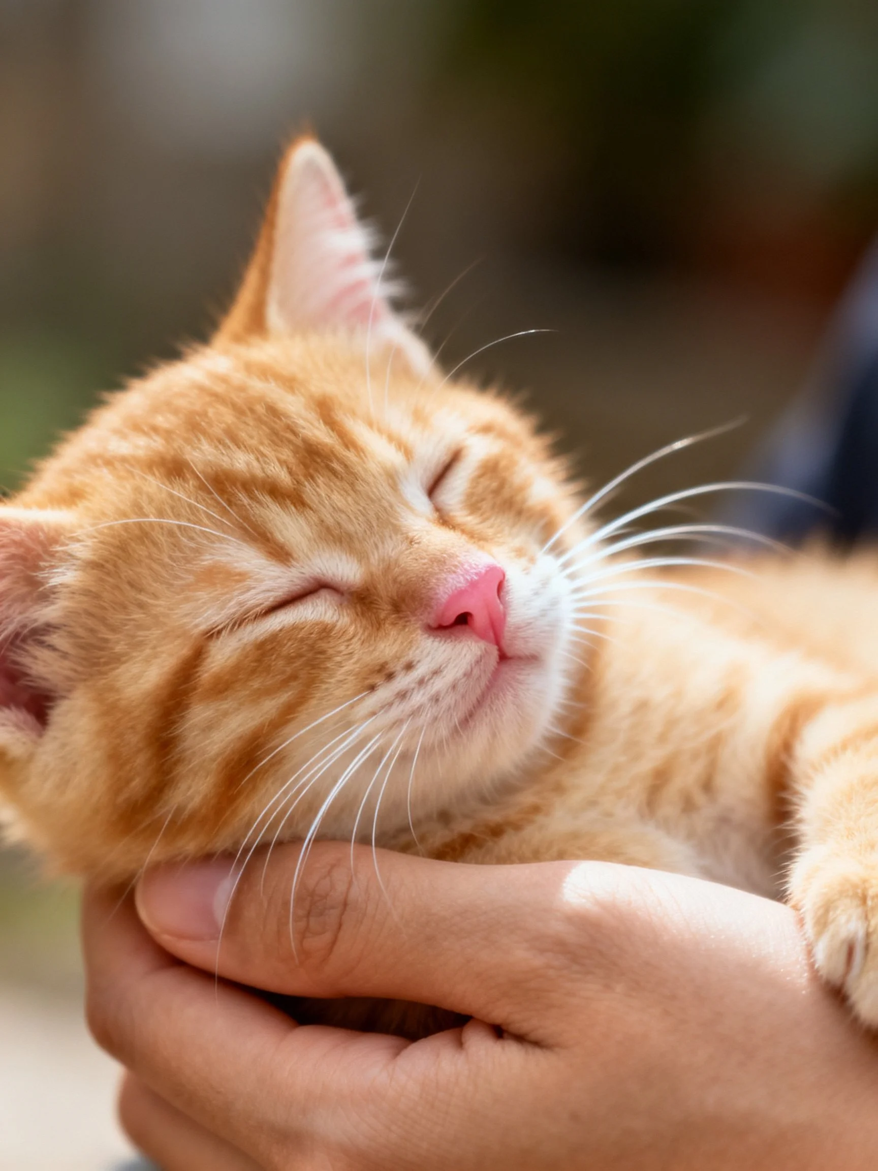 A small orange tabby kitten sleeping in human hands