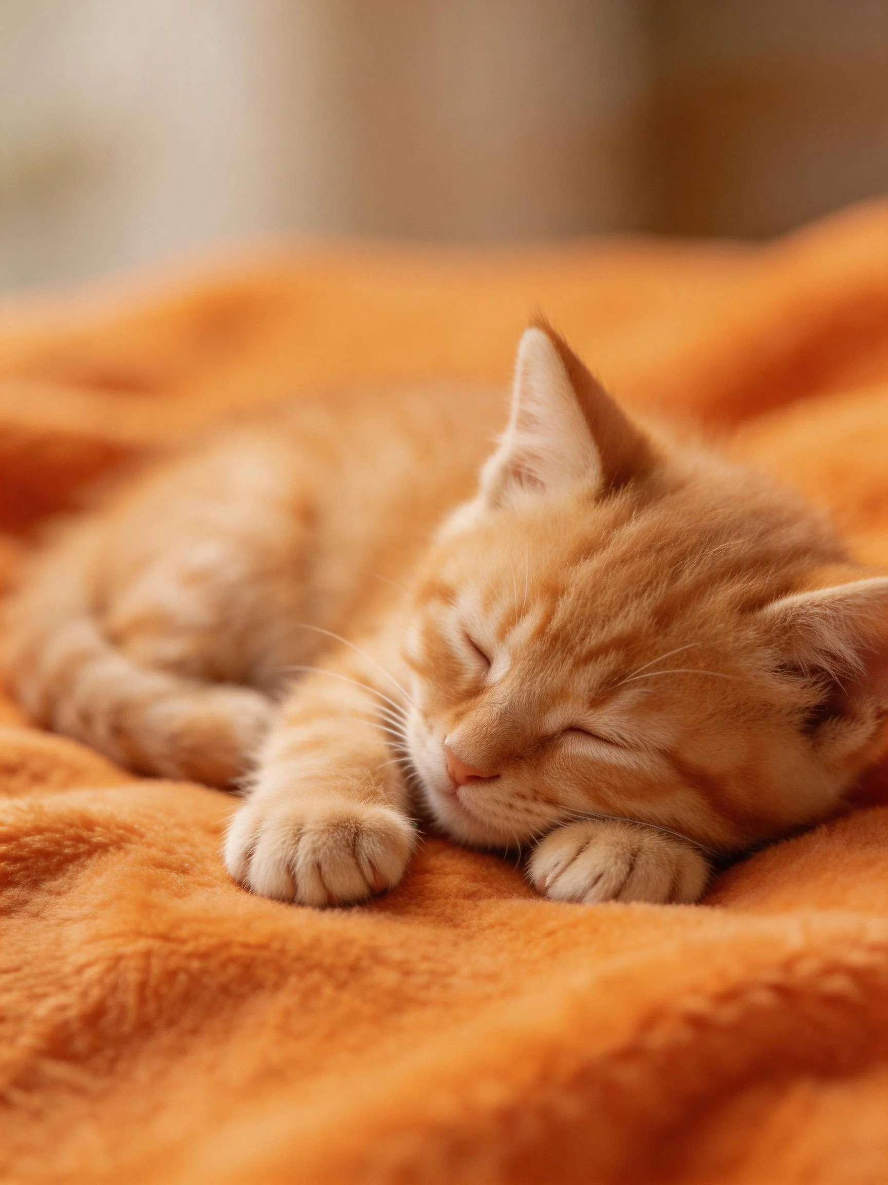 A small orange tabby kitten sleeps on a matching orange blanket
