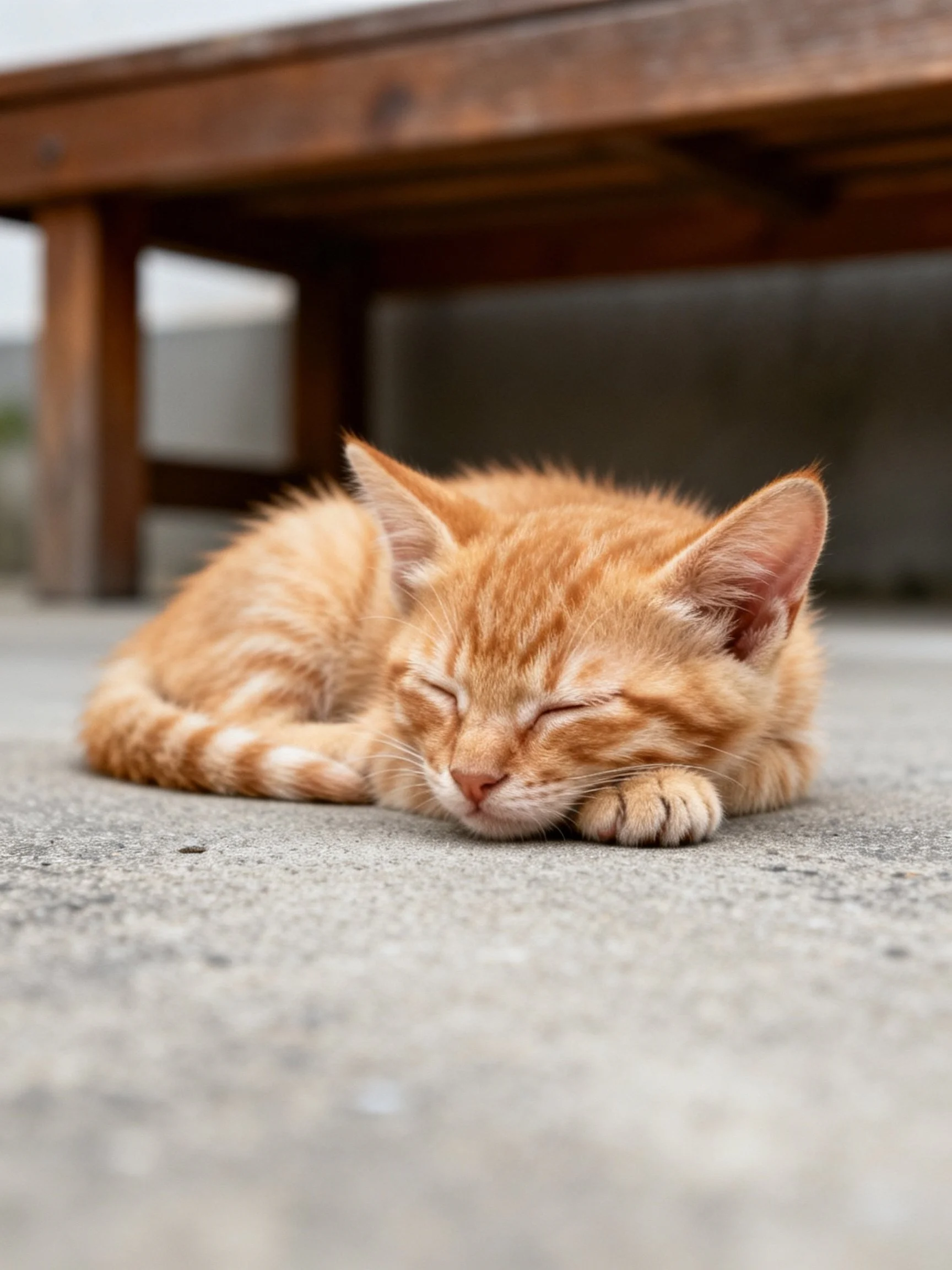 A small orange tabby kitten sleeps on concrete near wooden furniture