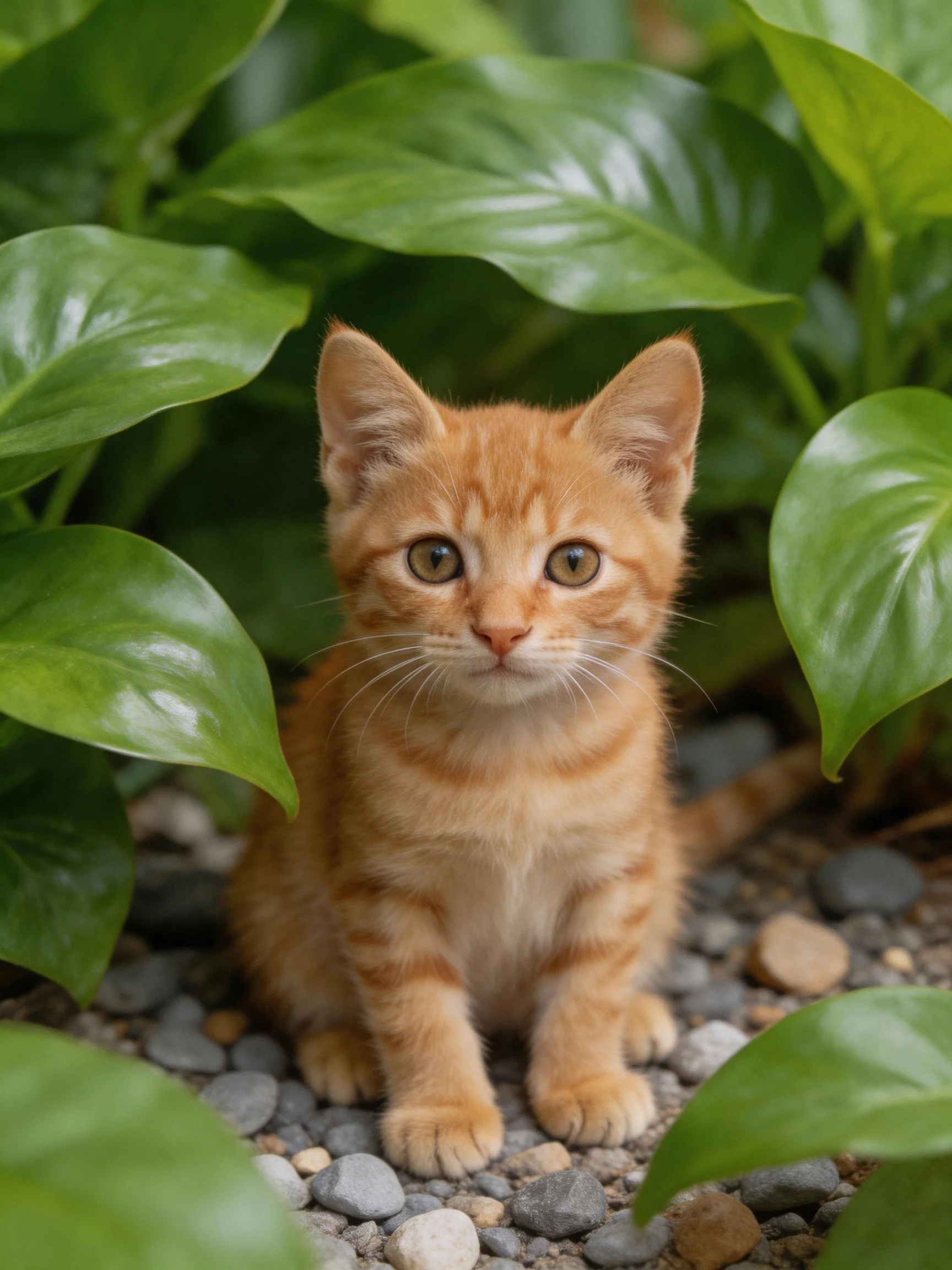 A small orange tabby kitten surrounded by large green leaves on pebbles