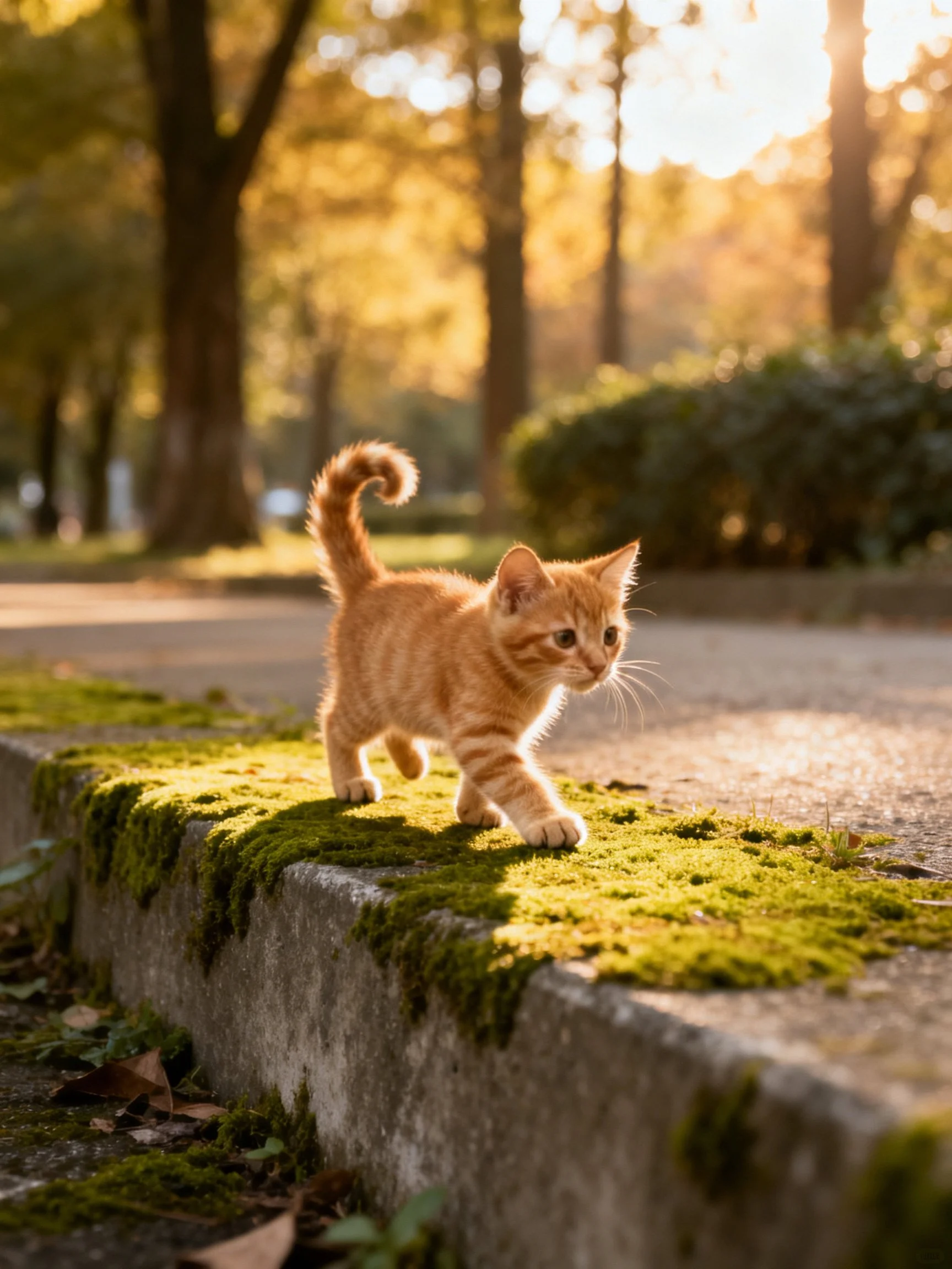 A small orange tabby kitten explores a mossy concrete edge in a sunlit outdoor setting.
