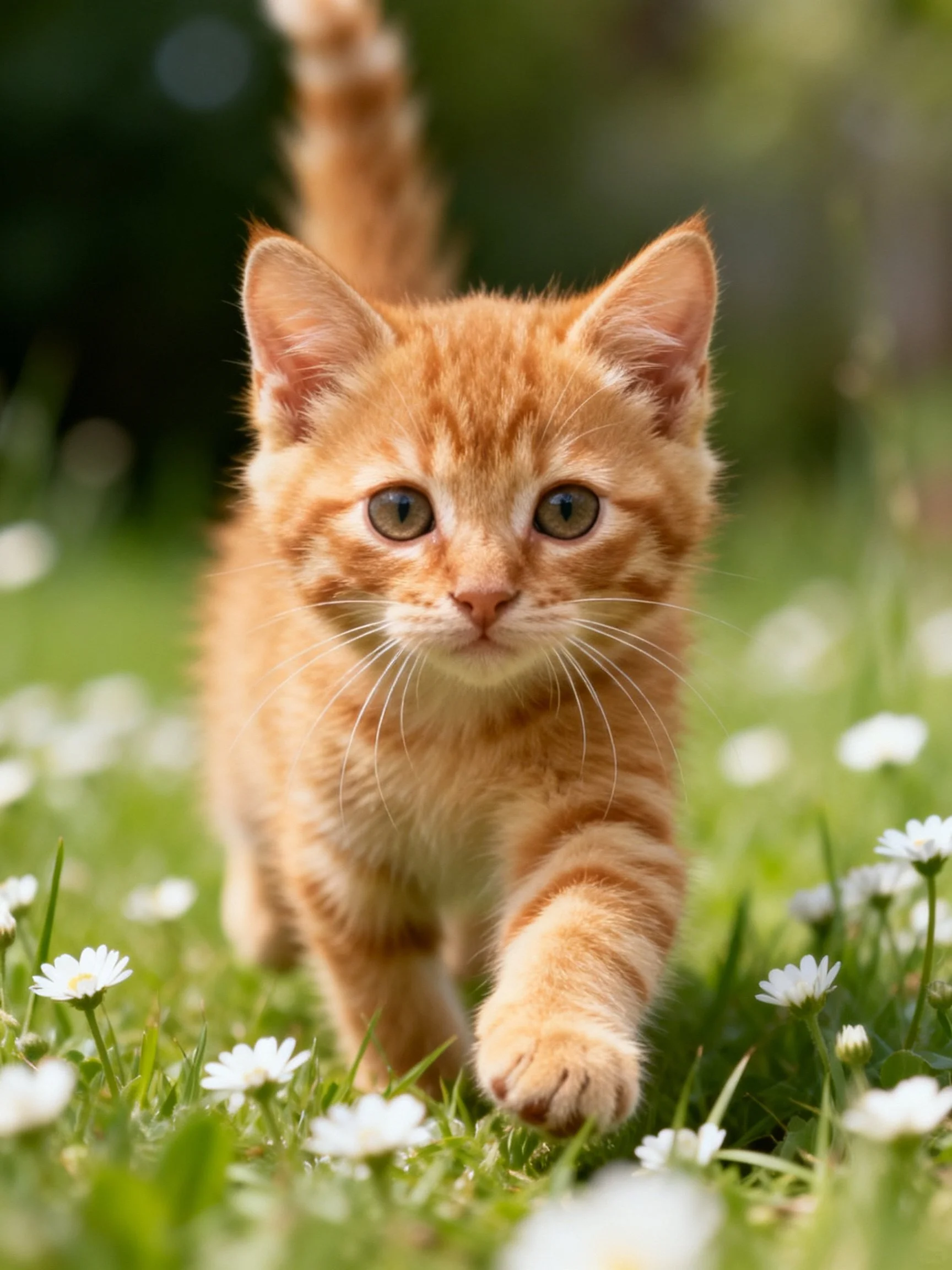 A single orange tabby kitten explores a grassy area with white flowers.