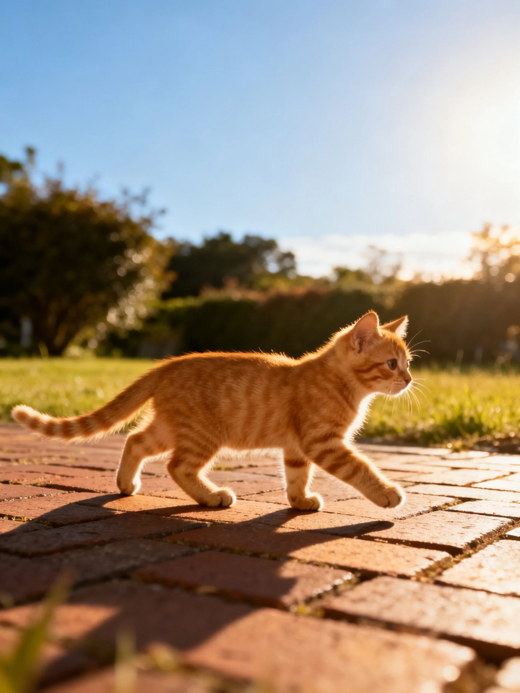 A small orange tabby kitten walks on a brick path in sunlight