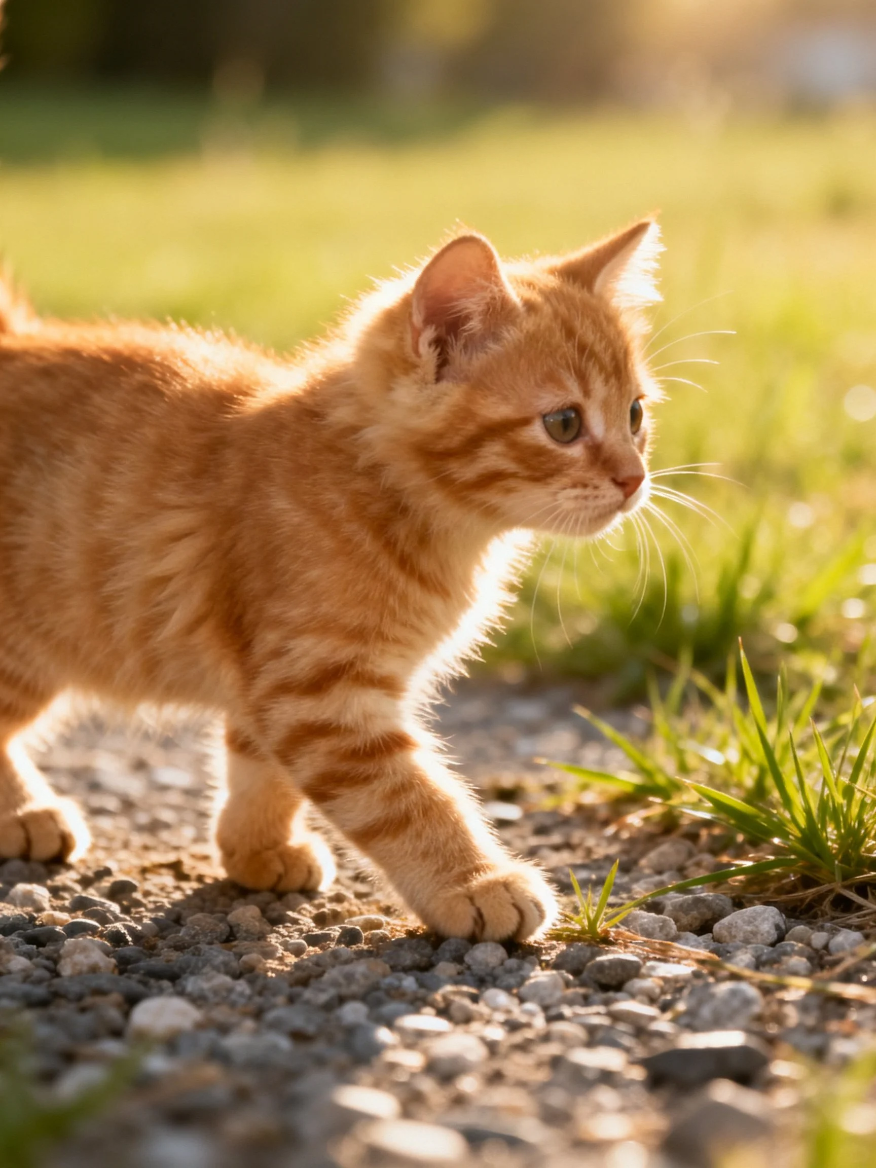 An orange tabby kitten walks on a gravel path near green grass under sunlight.