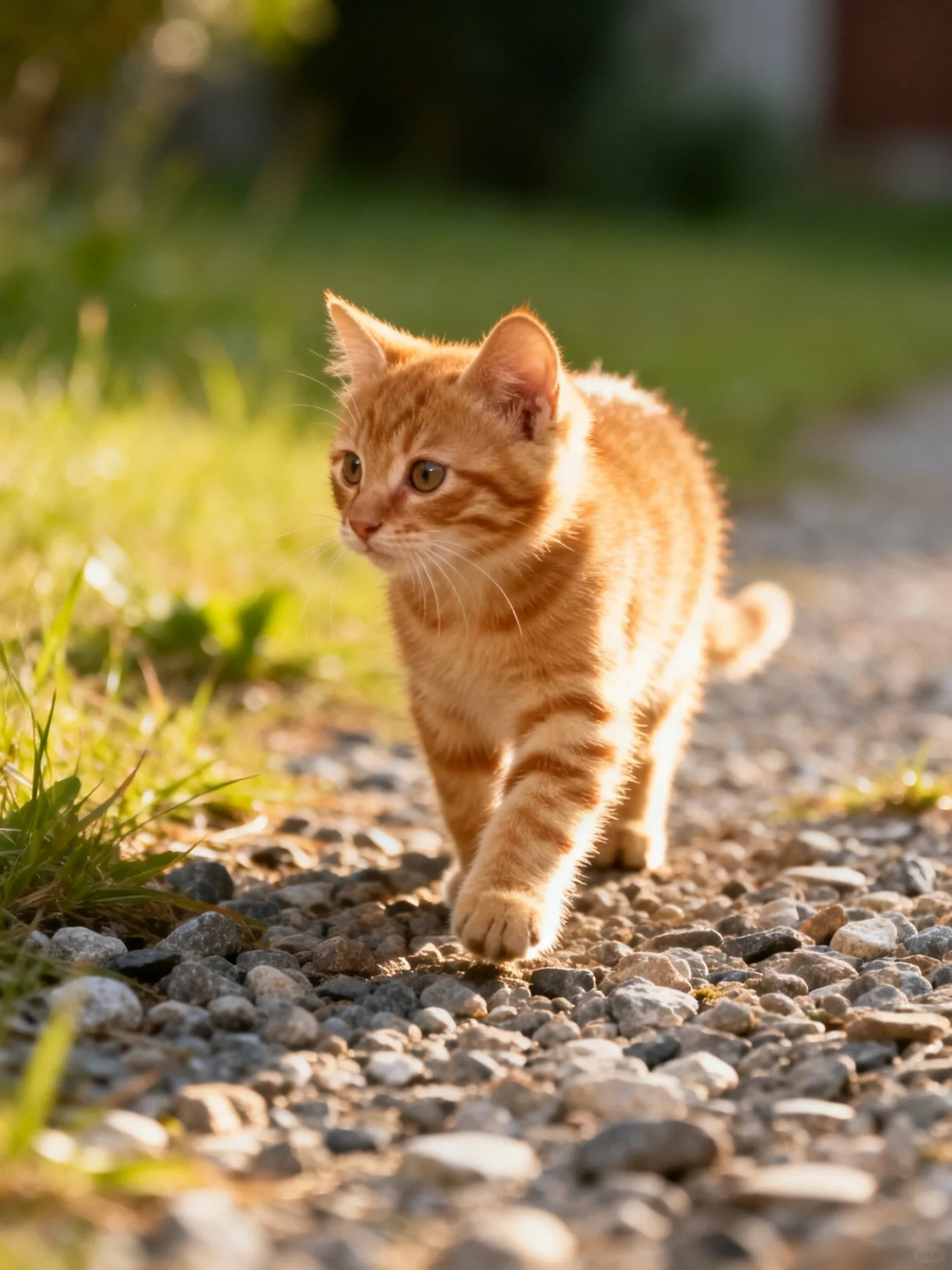 An orange tabby kitten walks along a gravel path with green grass nearby.