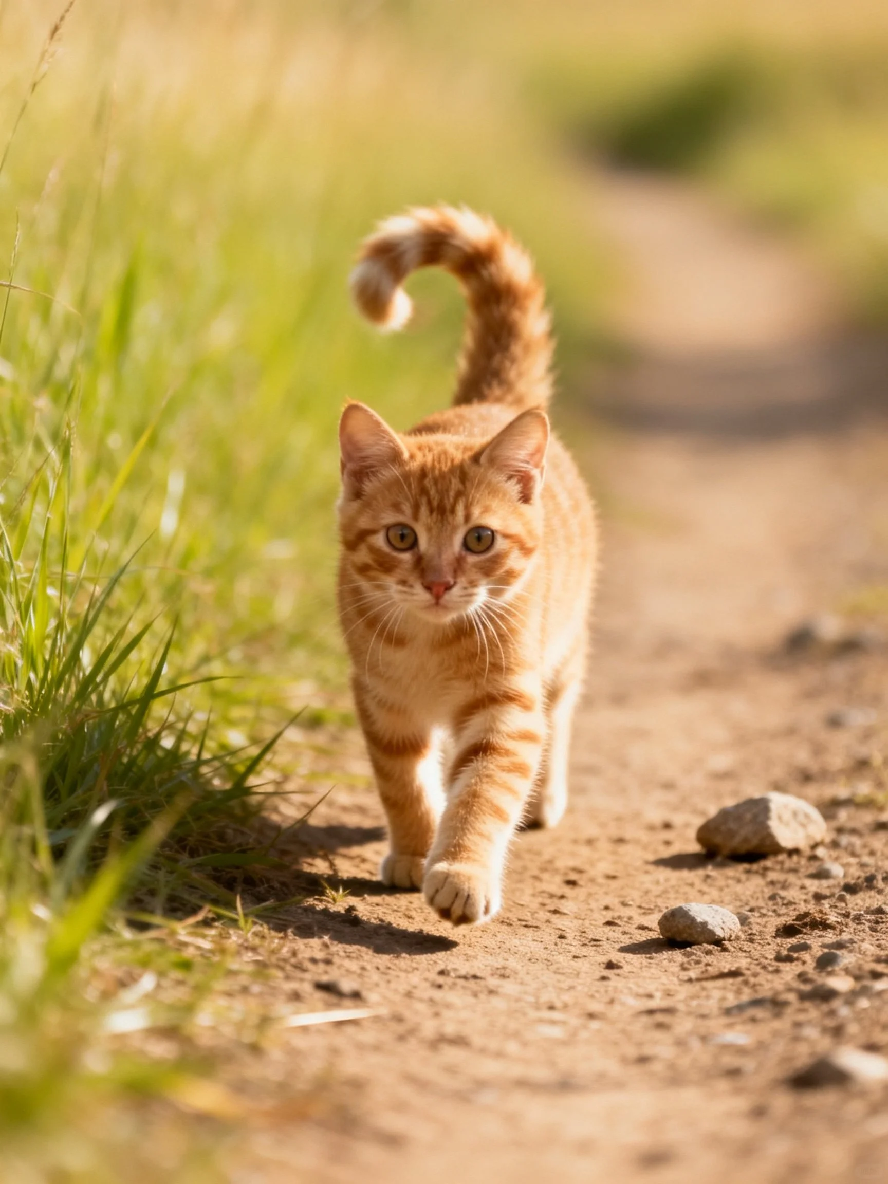 An orange tabby kitten walks forward on a sunlit dirt path