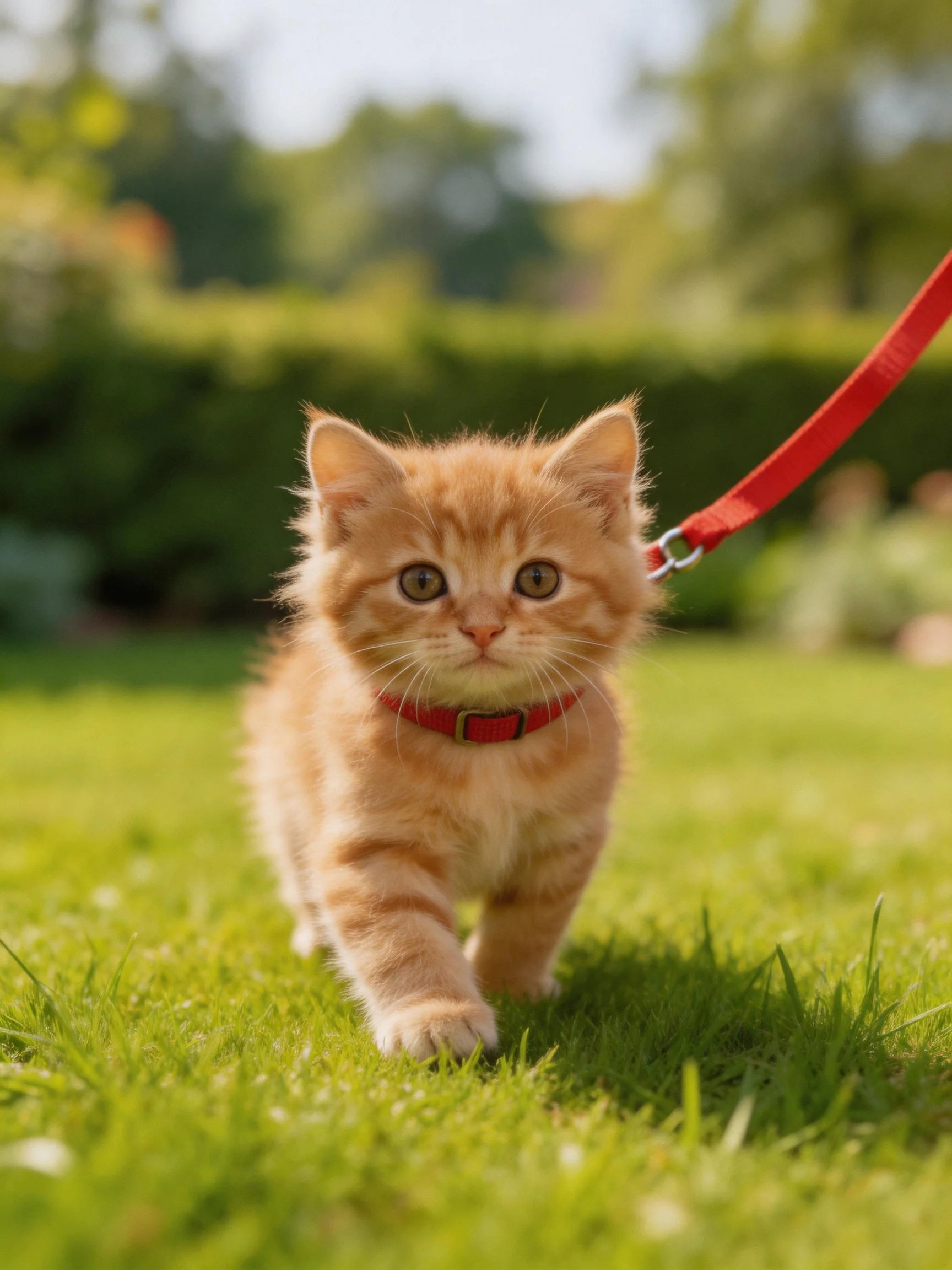 A small orange tabby kitten walks on green grass connected to a red leash.