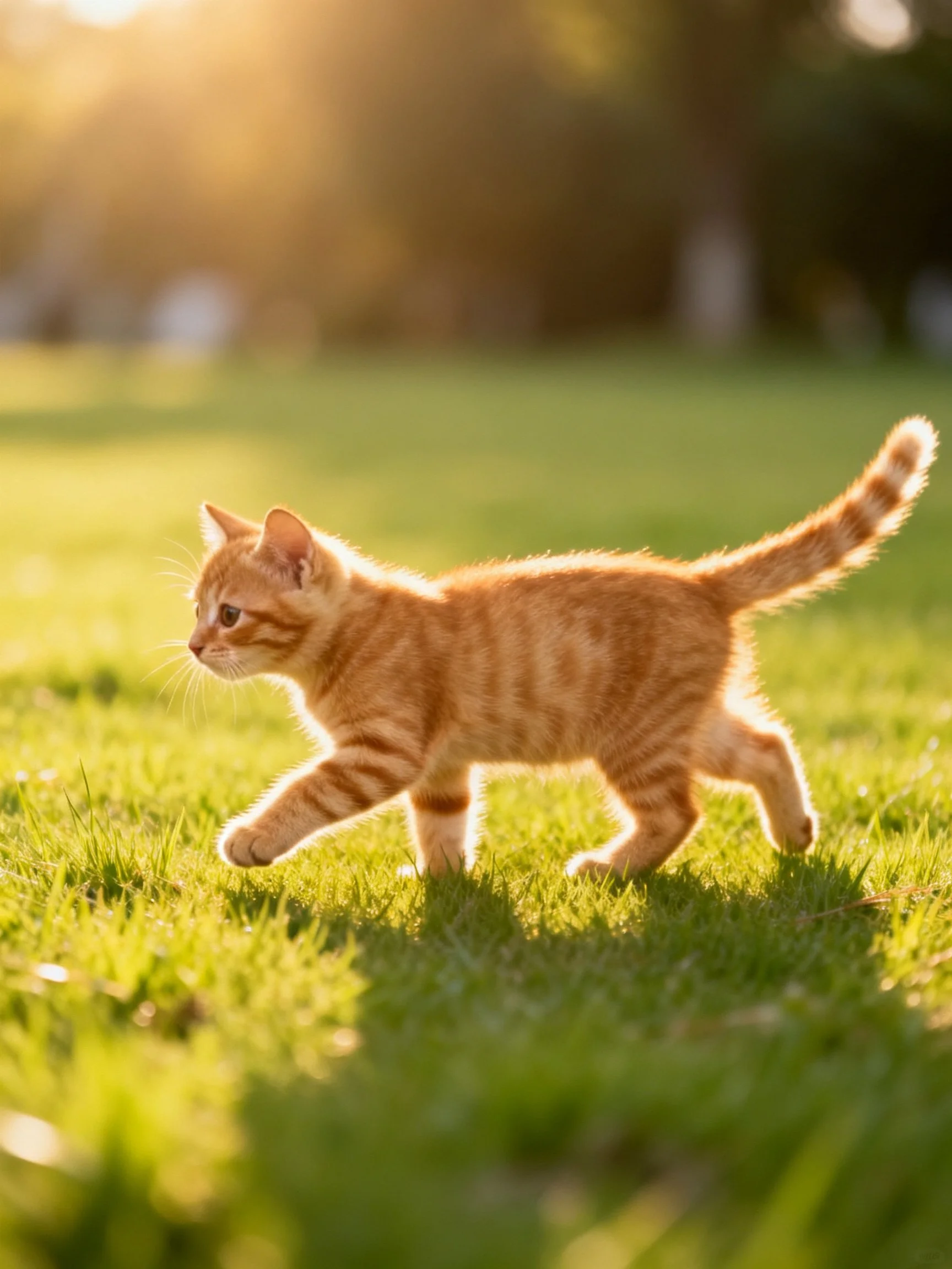 An orange tabby kitten explores a sunlit grassy area
