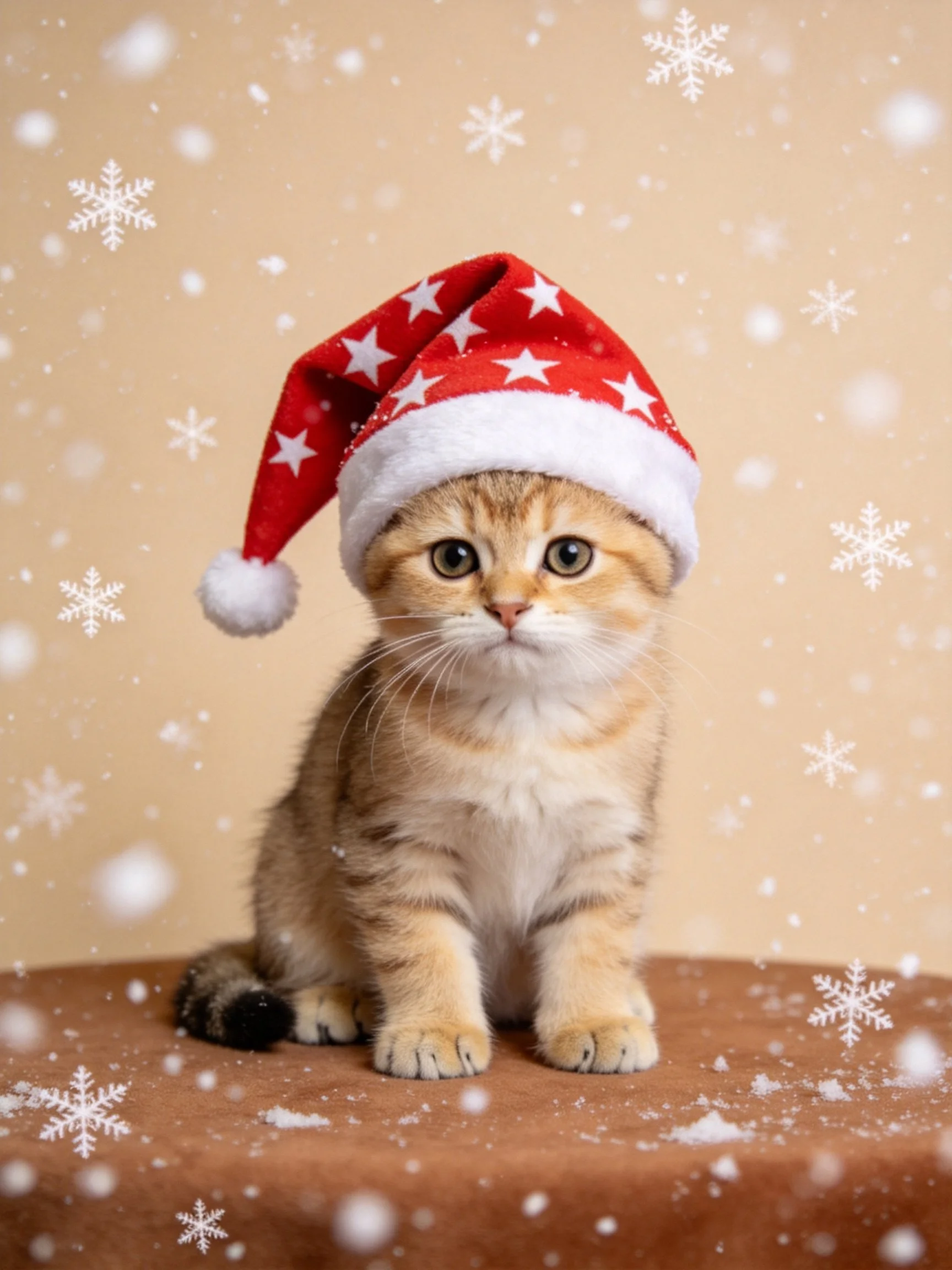 A small orange tabby kitten wears a red star-patterned Santa hat amid snowflakes