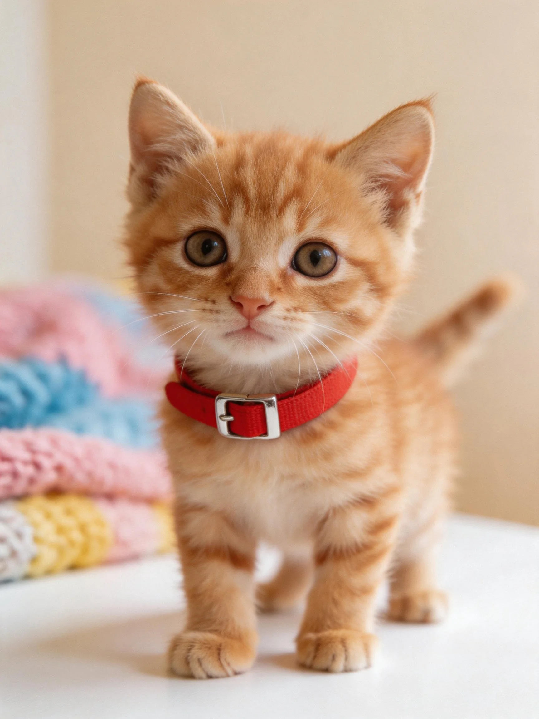 An orange tabby kitten with a red collar stands near soft, colorful blankets.