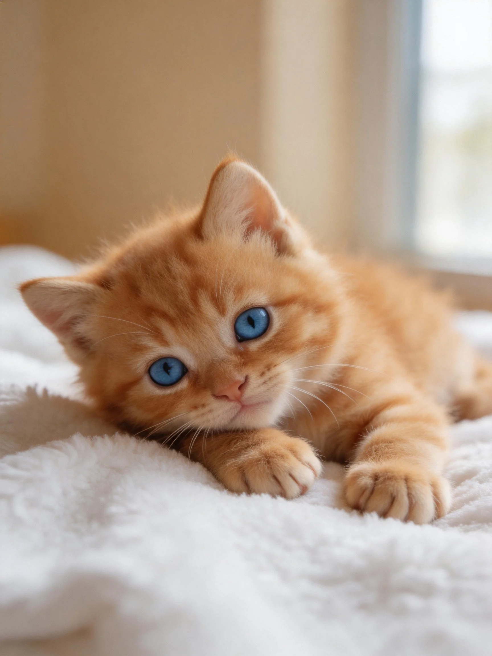 A small orange tabby kitten with blue eyes lies on a white blanket in a softly lit room.