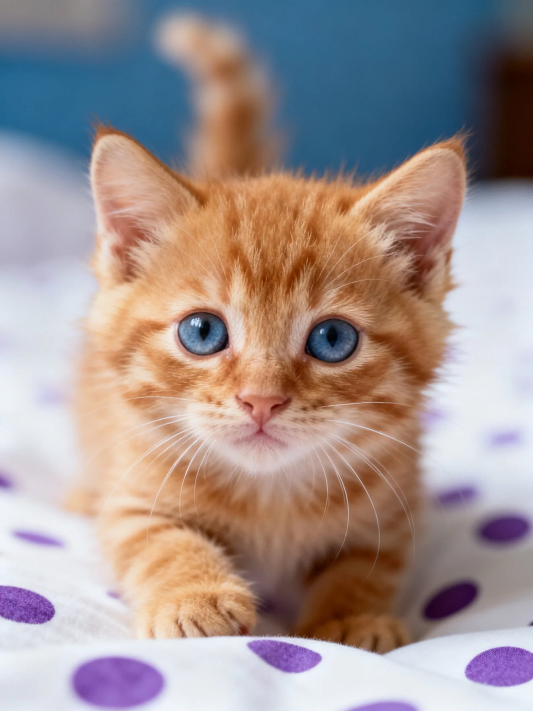 A small orange tabby kitten with blue eyes rests on a polka-dot cloth.