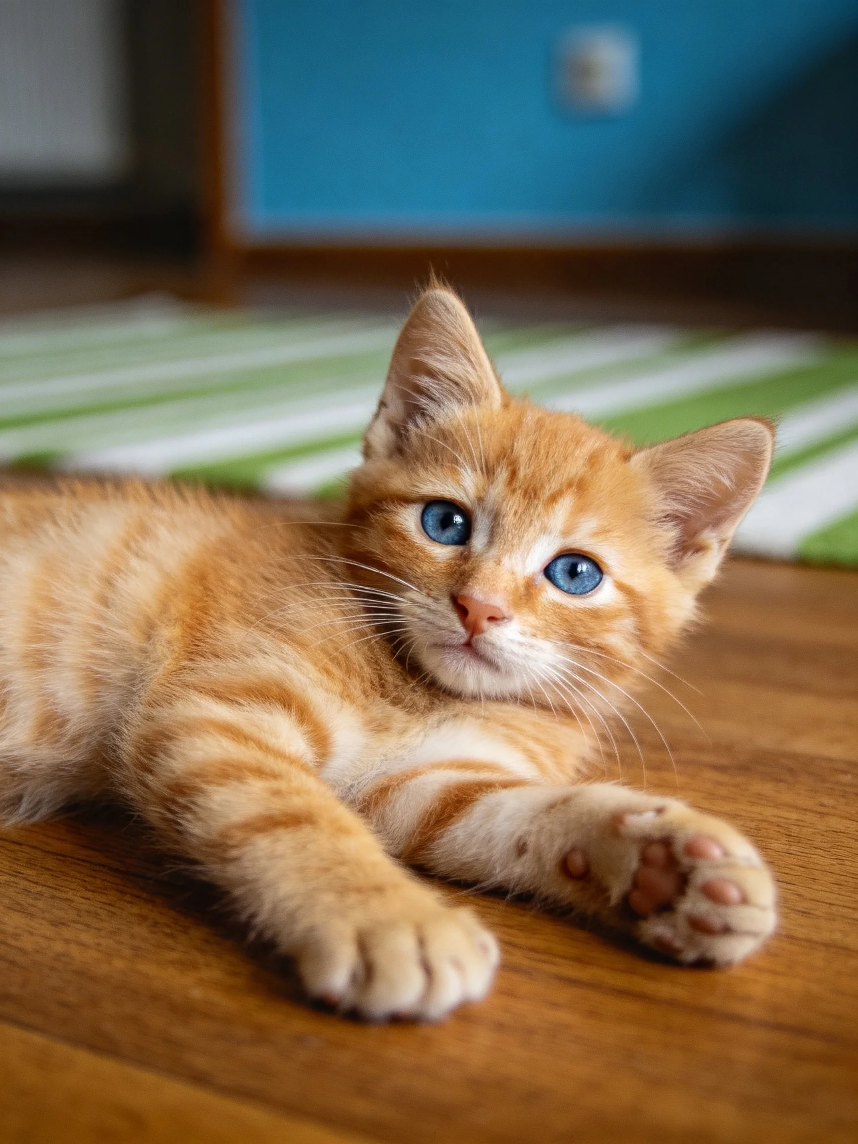 An orange tabby kitten with blue eyes relaxes on a wooden surface