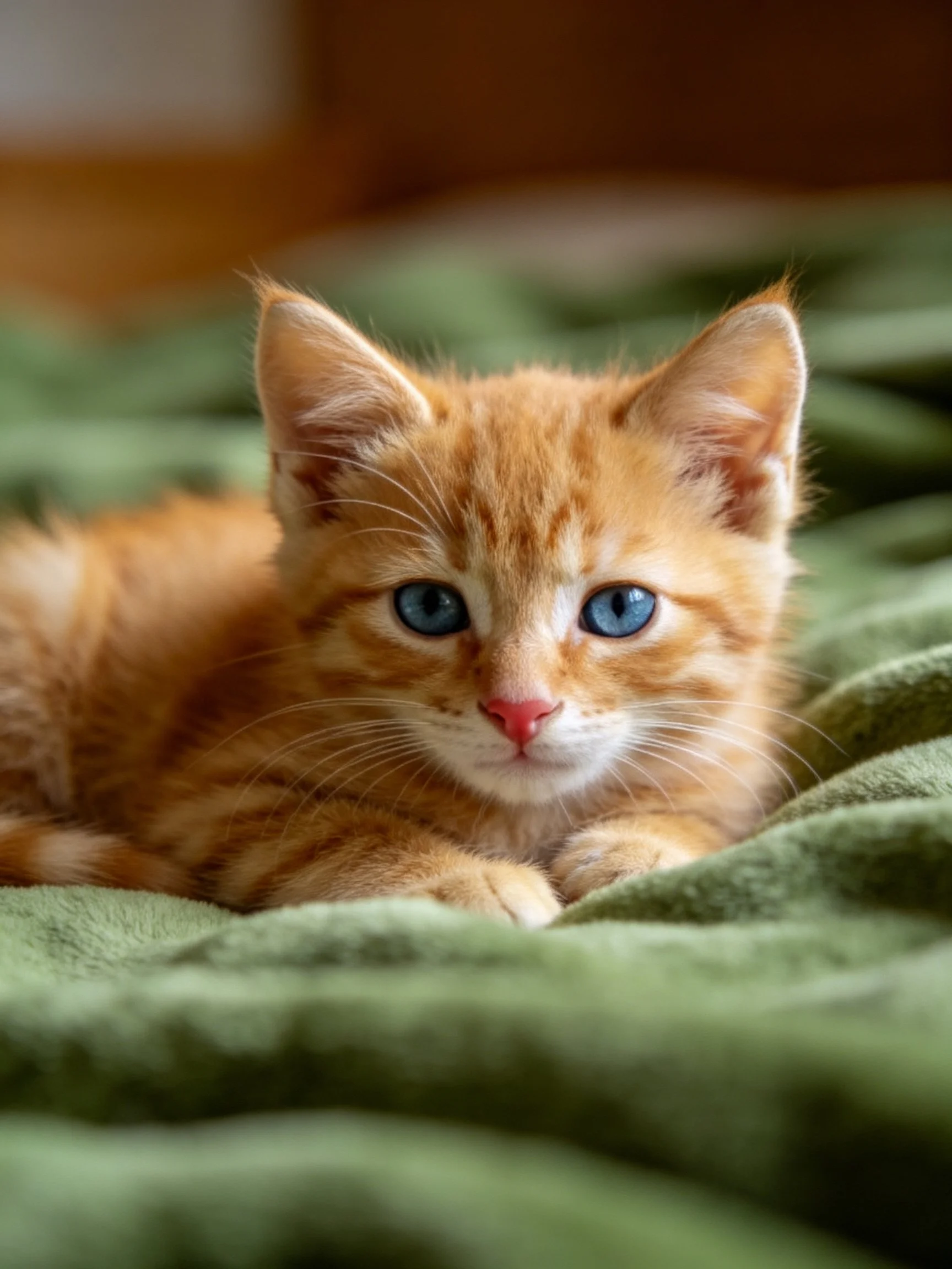 An orange tabby kitten with blue eyes relaxes on a soft green blanket.