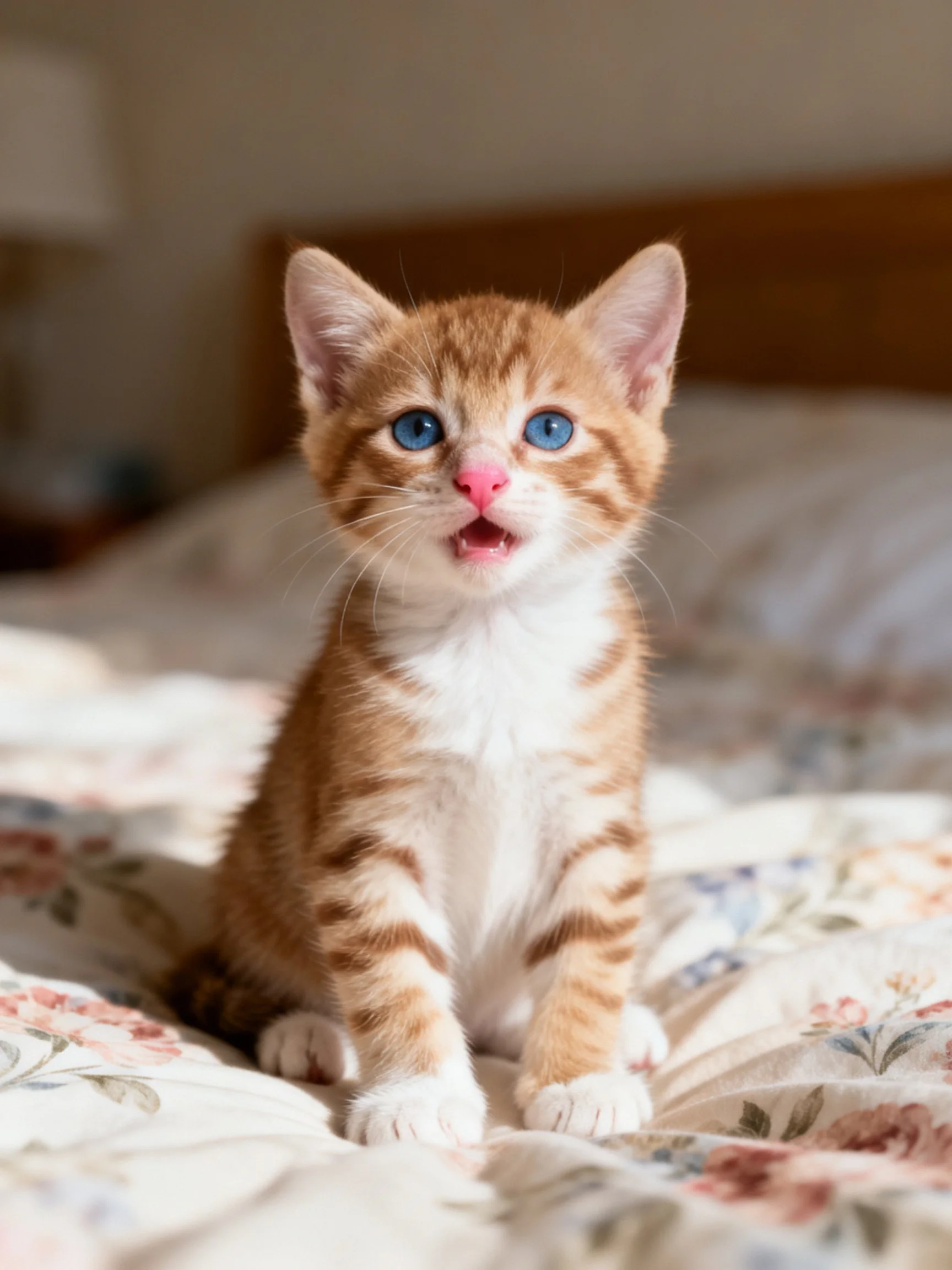 A small orange tabby kitten with blue eyes sits on a floral bedspread
