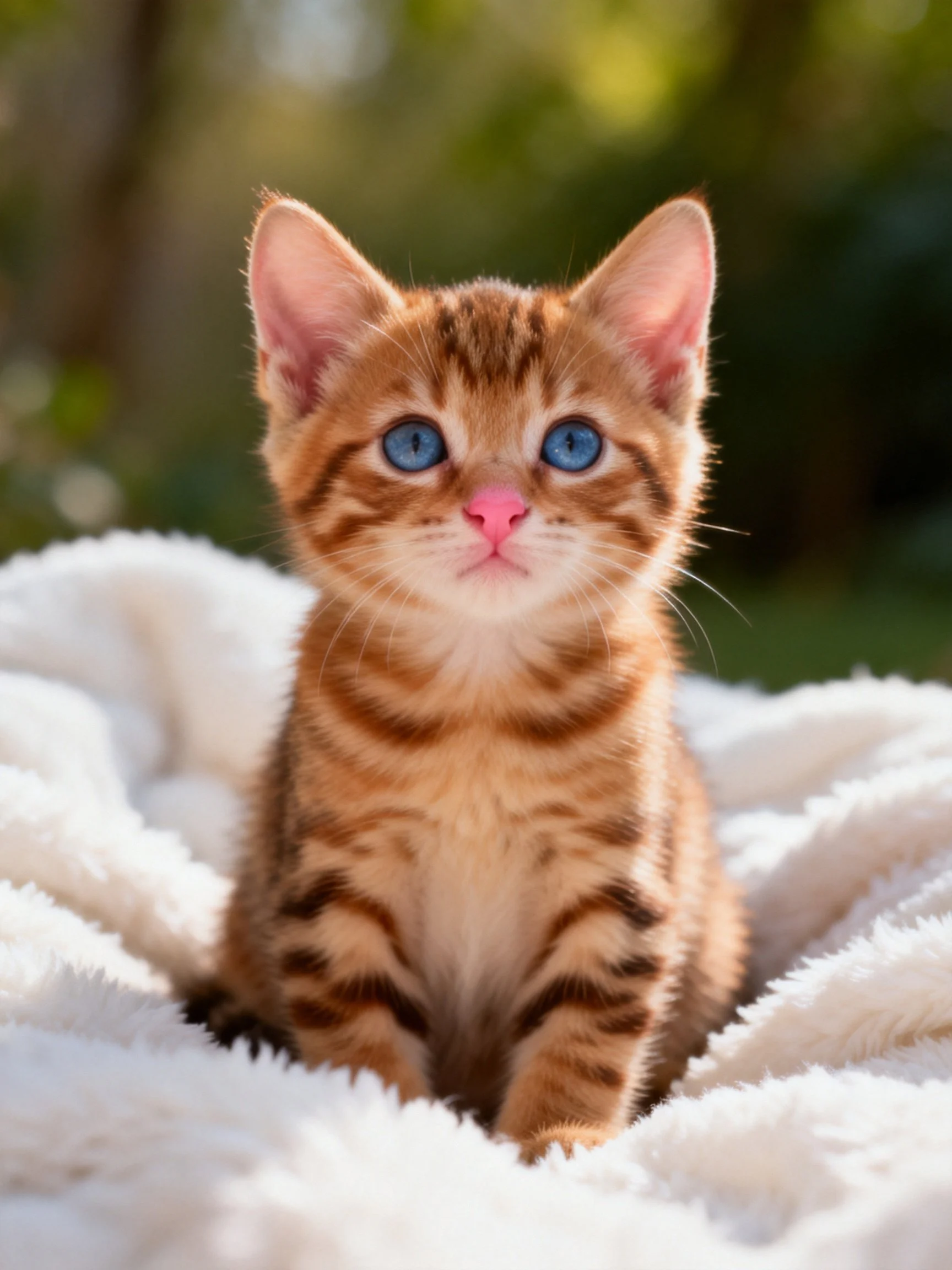 An orange tabby kitten with blue eyes rests on a white blanket in an outdoor setting.