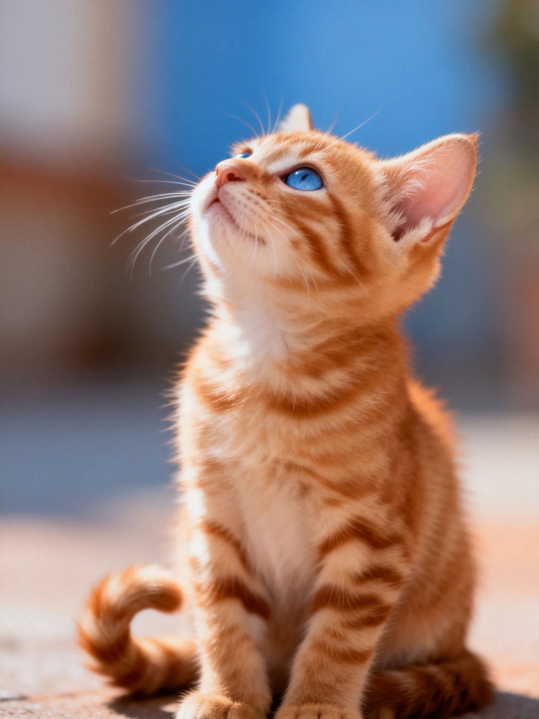 An orange tabby kitten with blue eyes gazes upward in an outdoor setting