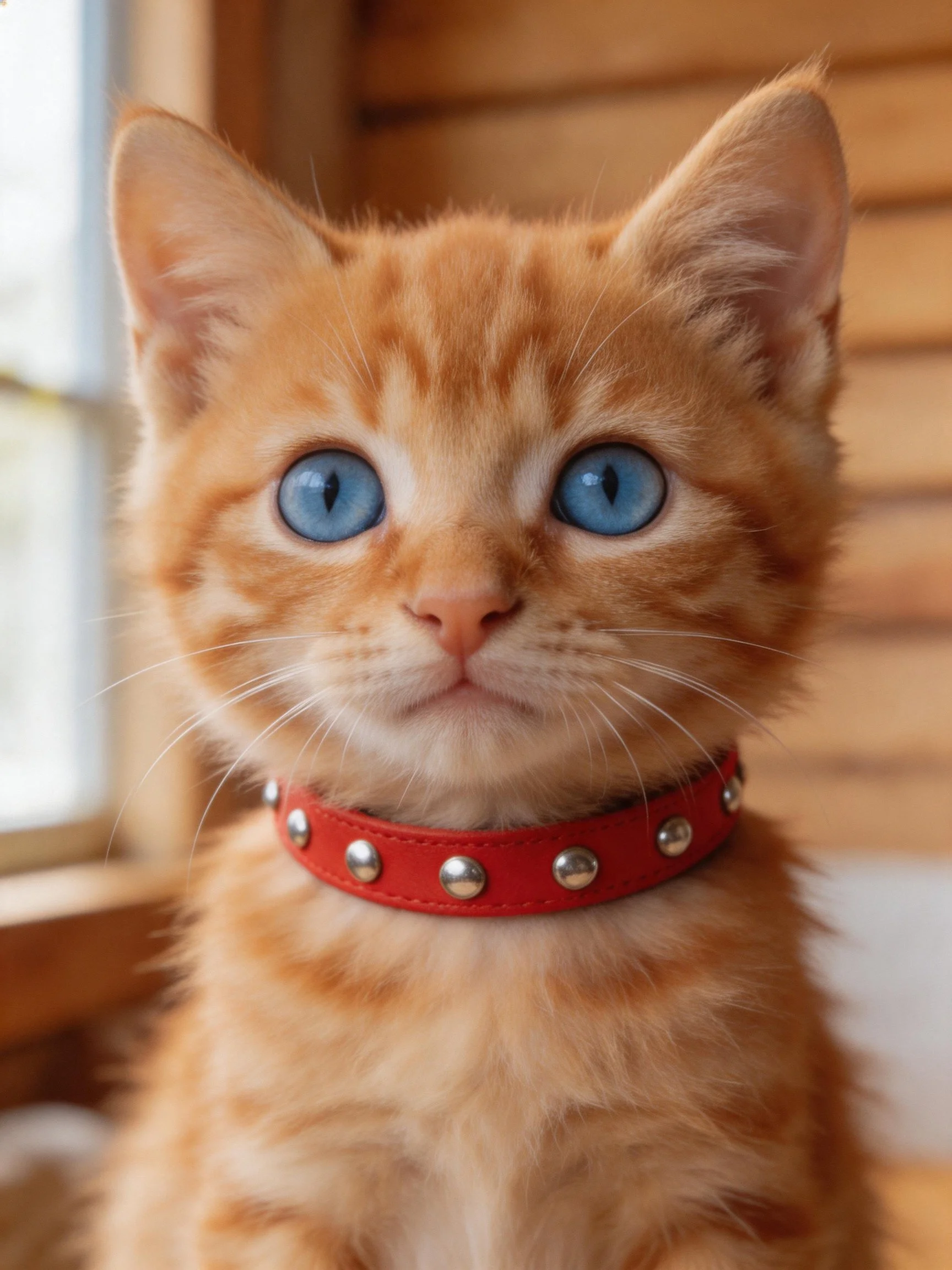 An orange tabby kitten with blue eyes wears a red studded collar indoors