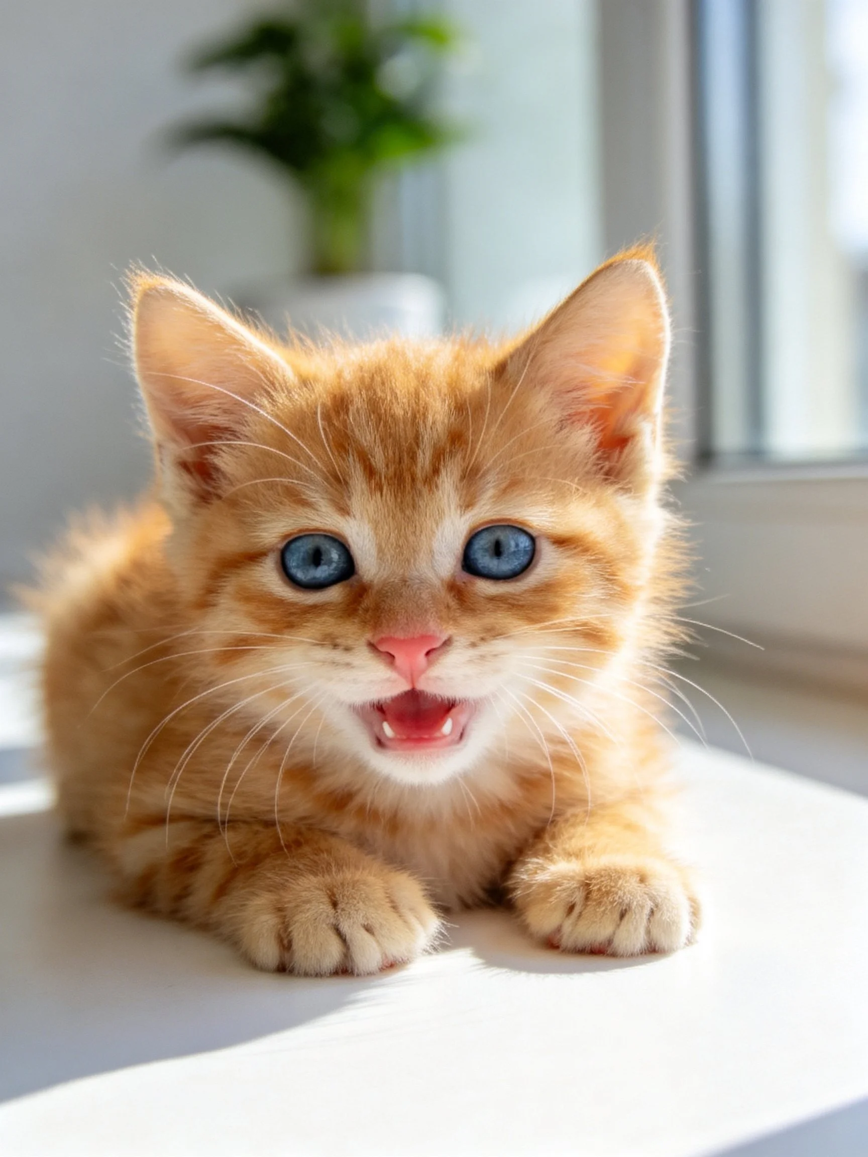 A small orange tabby kitten with bright blue eyes sits near a sunlit window.