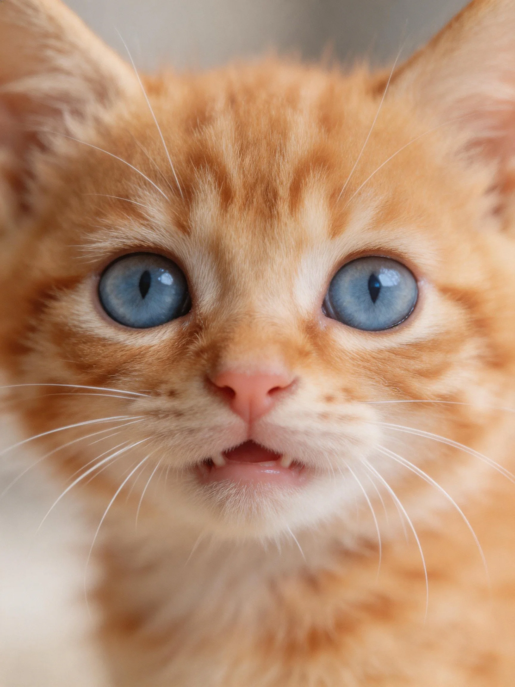 An orange tabby kitten with bright blue eyes gazes curiously.