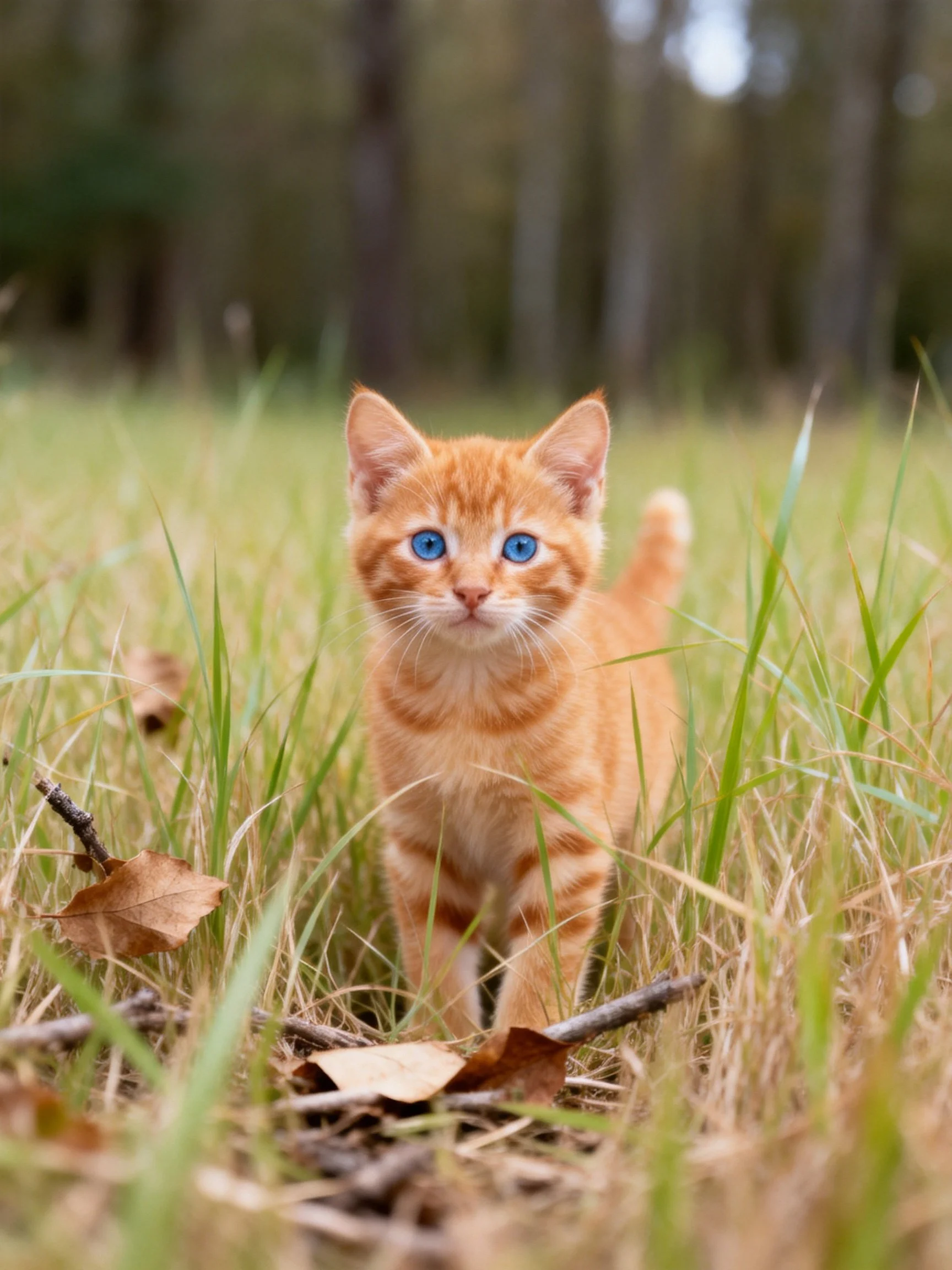 An orange tabby kitten with blue eyes explores a field of tall grass and scattered leaves.