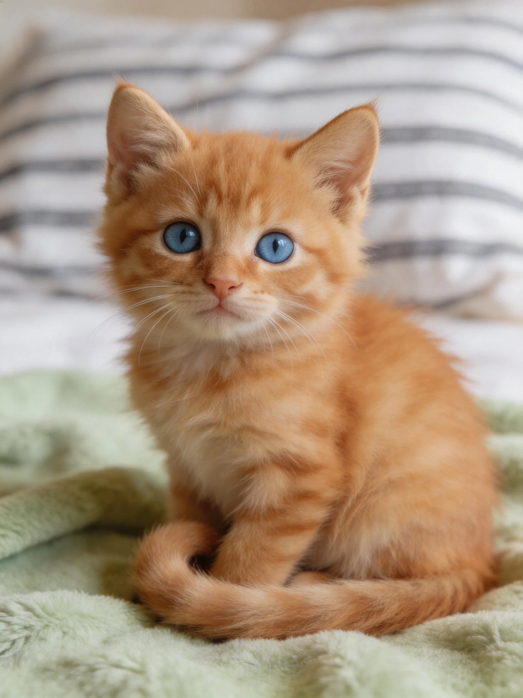 A small orange tabby kitten with bright blue eyes sits on a soft green blanket.