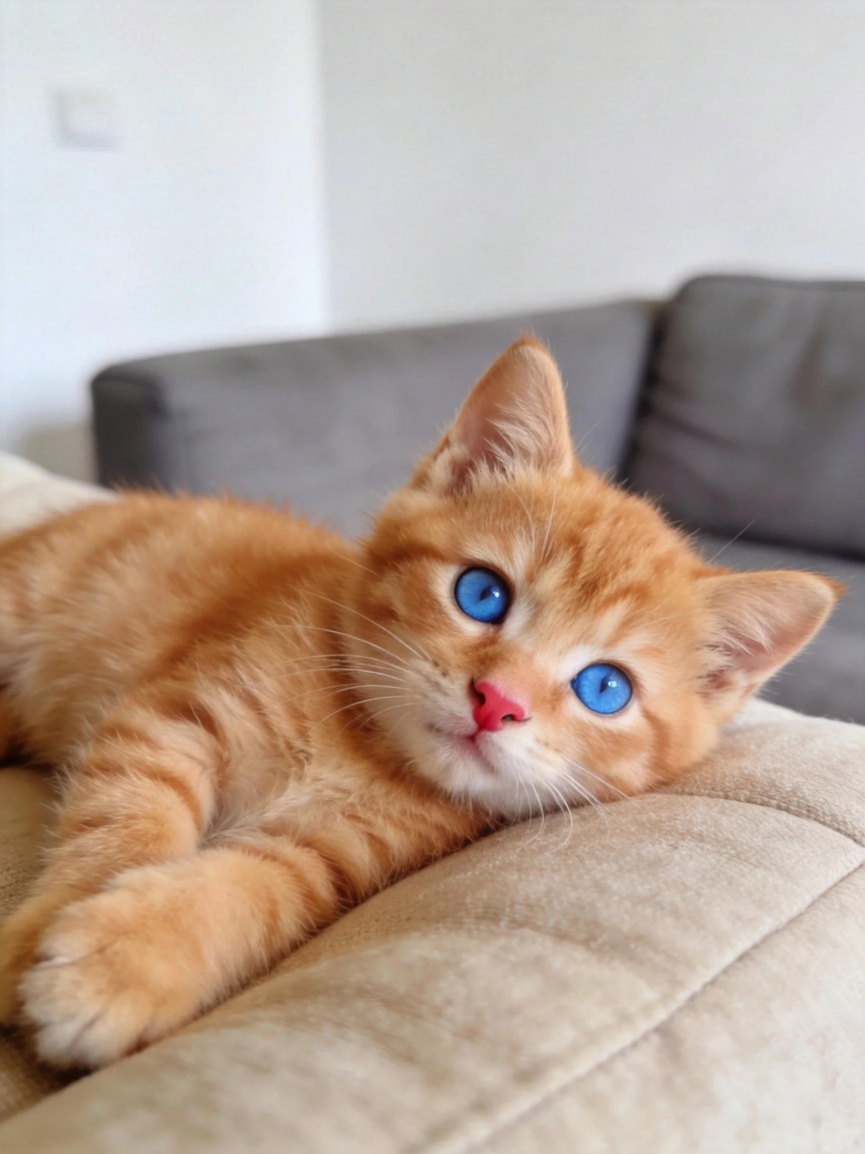 An orange tabby kitten with blue eyes relaxes on a couch.