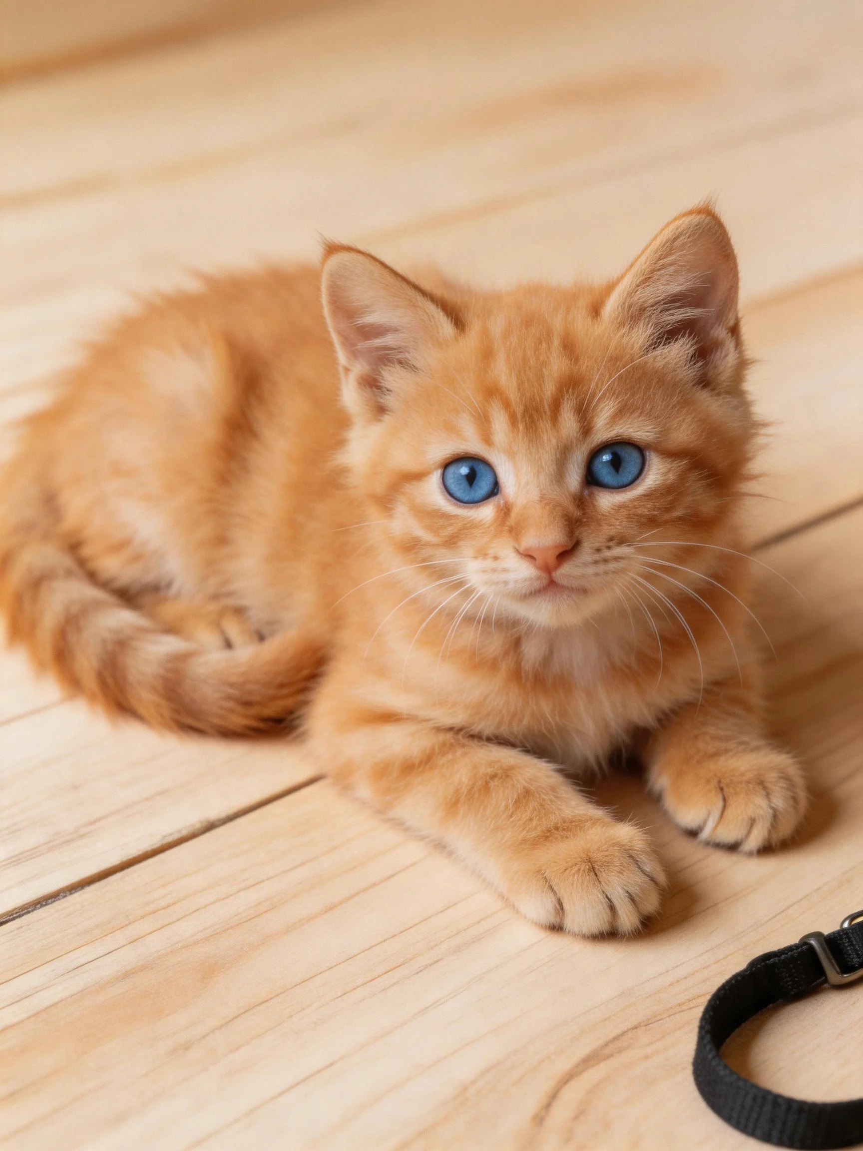 An orange tabby kitten with blue eyes lies on a wooden floor beside a black collar.