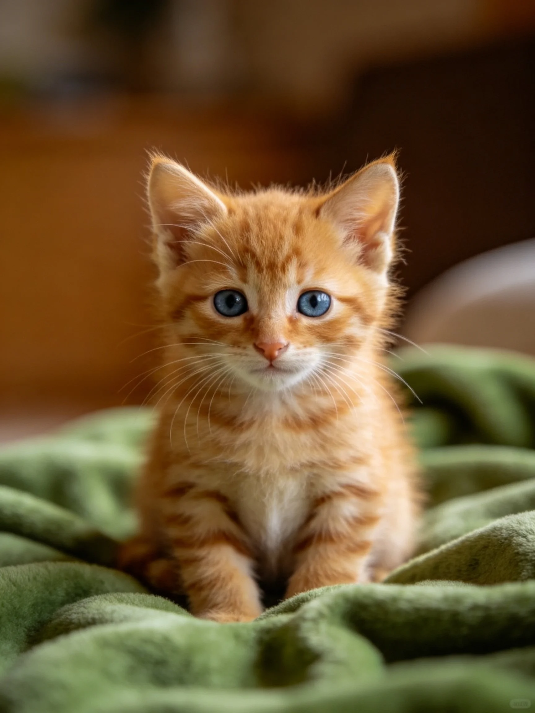 An orange tabby kitten with blue eyes sits calmly on a green blanket.