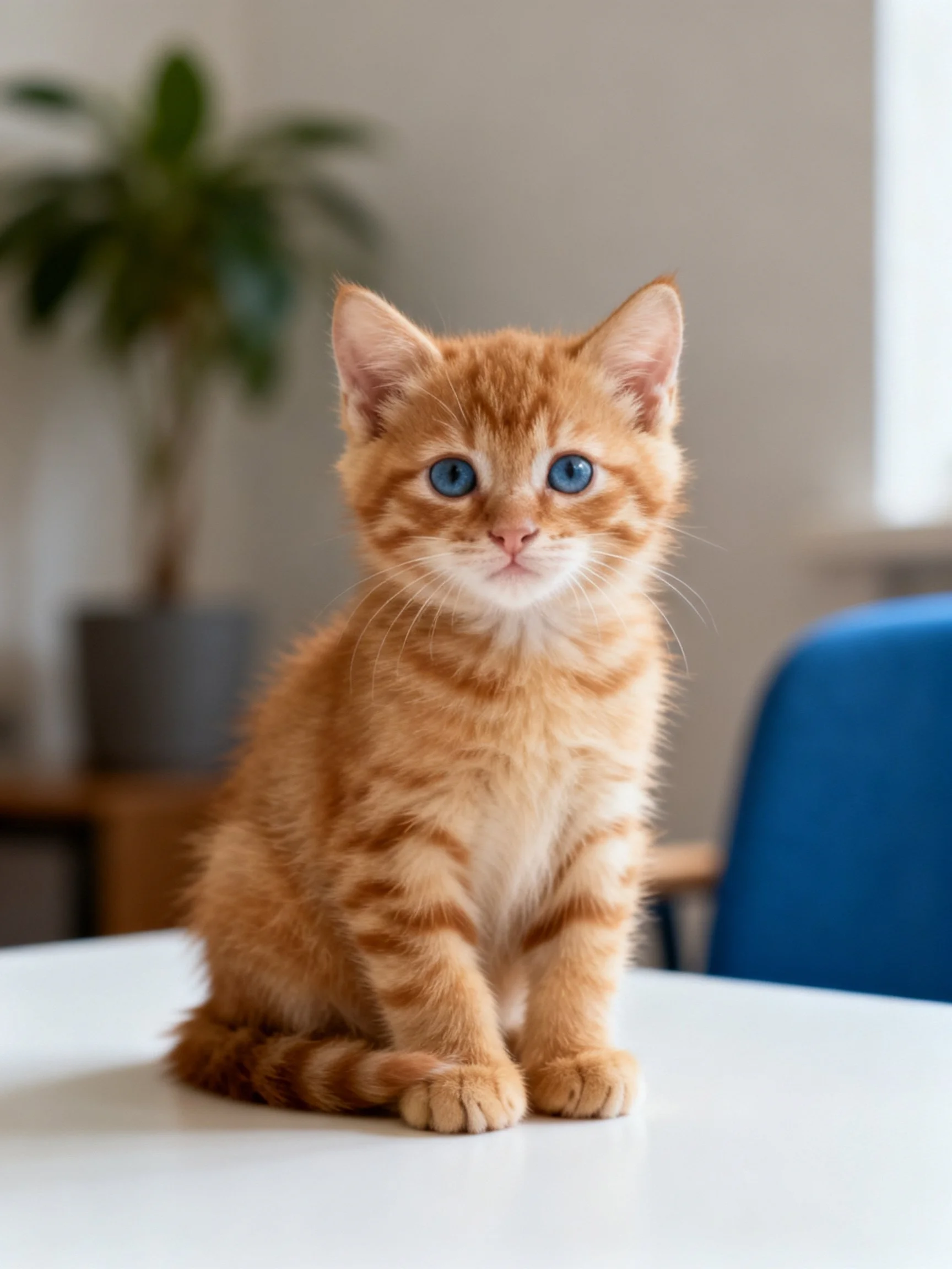 An orange tabby kitten with blue eyes sits on a white table indoors.