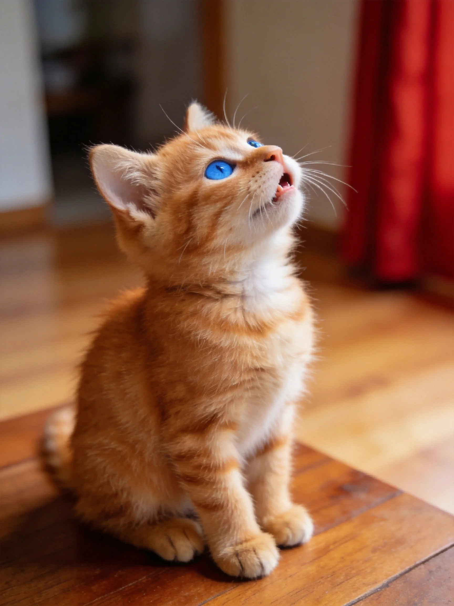 A small orange tabby kitten with bright blue eyes gazes upward on a wooden floor