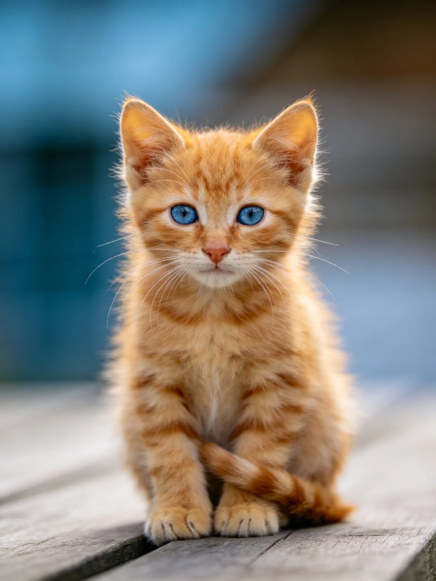 An orange tabby kitten with blue eyes sits calmly on weathered wooden planks.