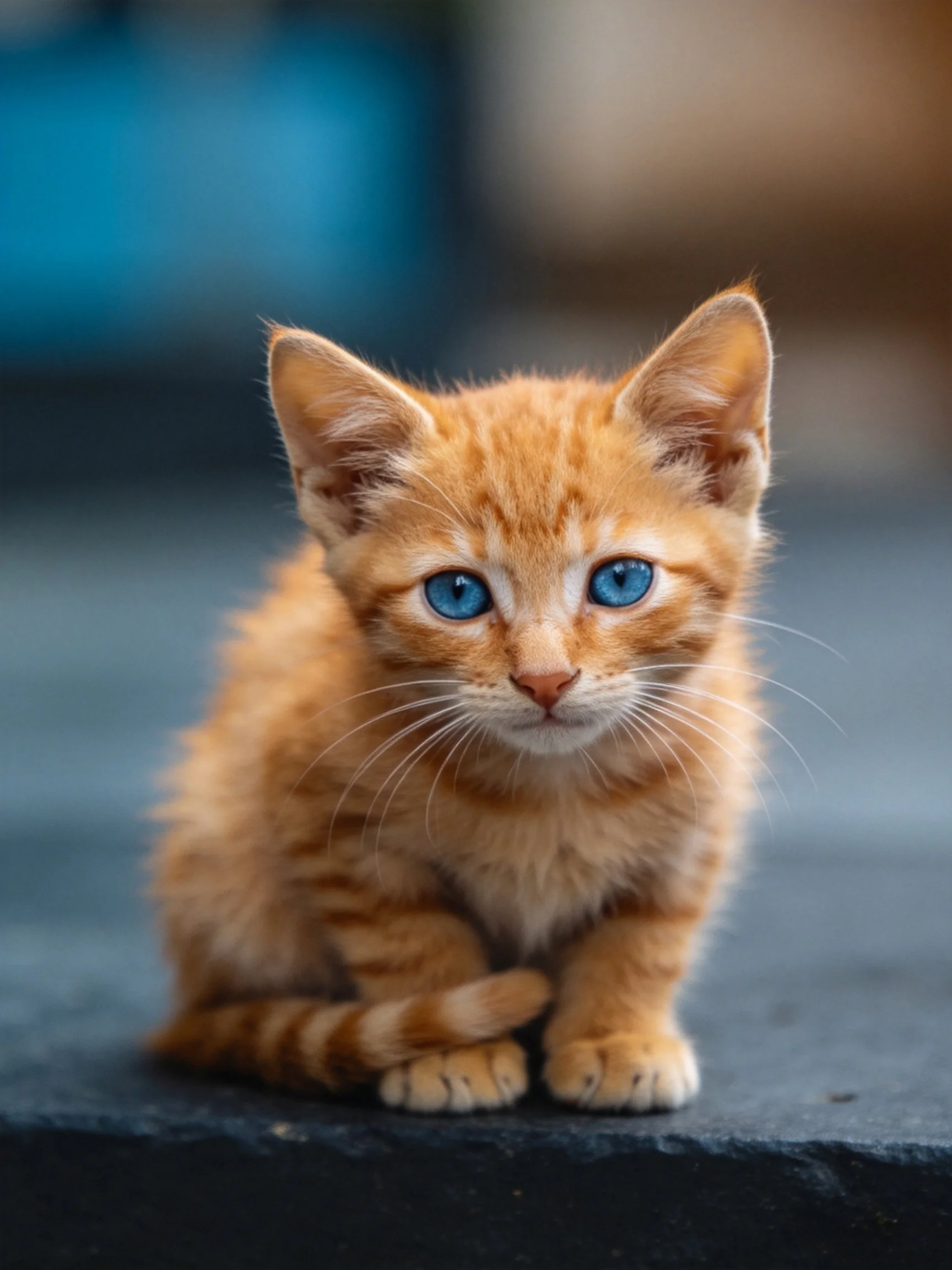 An orange tabby kitten with blue eyes sits calmly against a blurred backdrop.