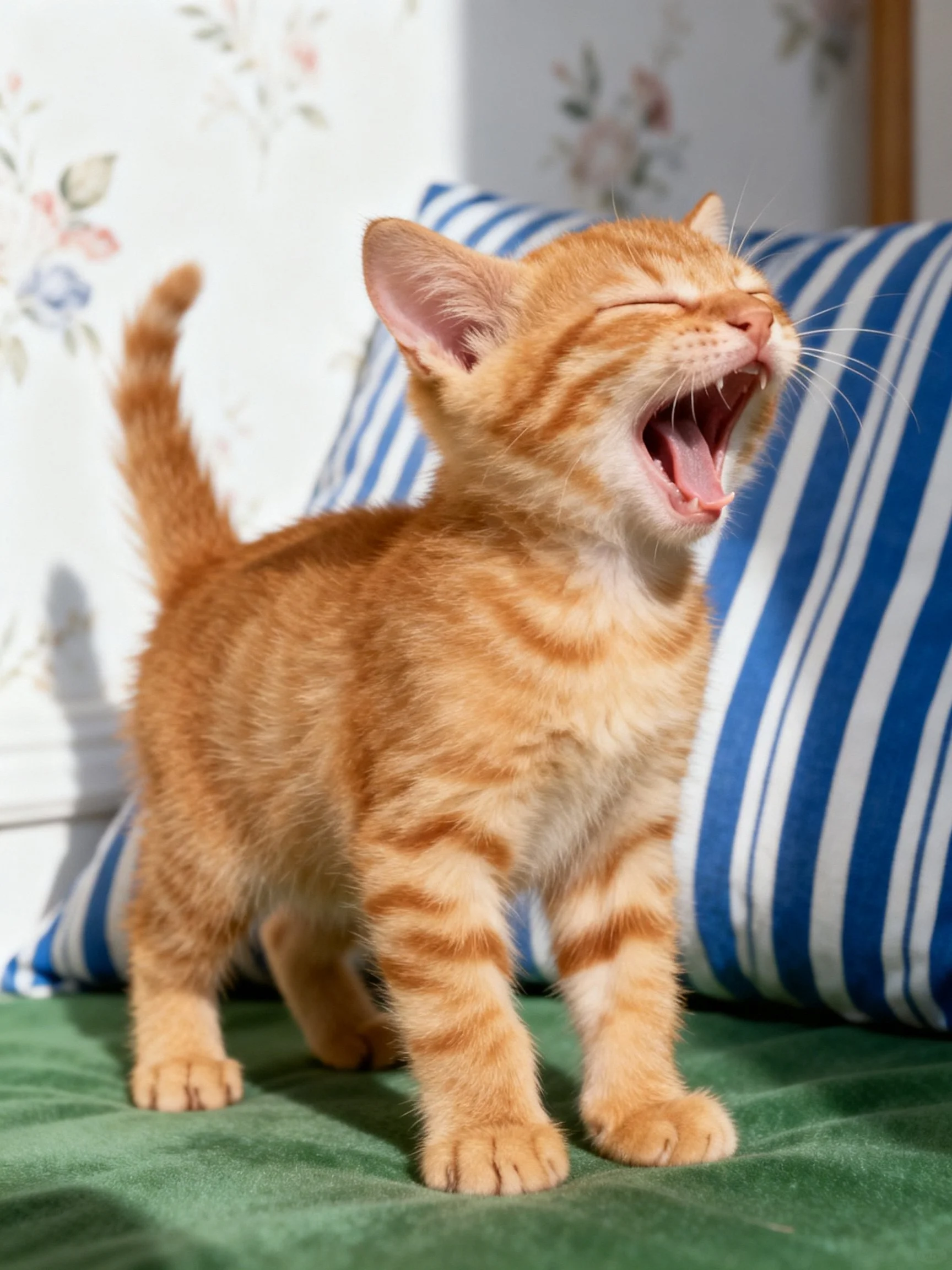 A small orange tabby kitten yawning beside blue striped pillows