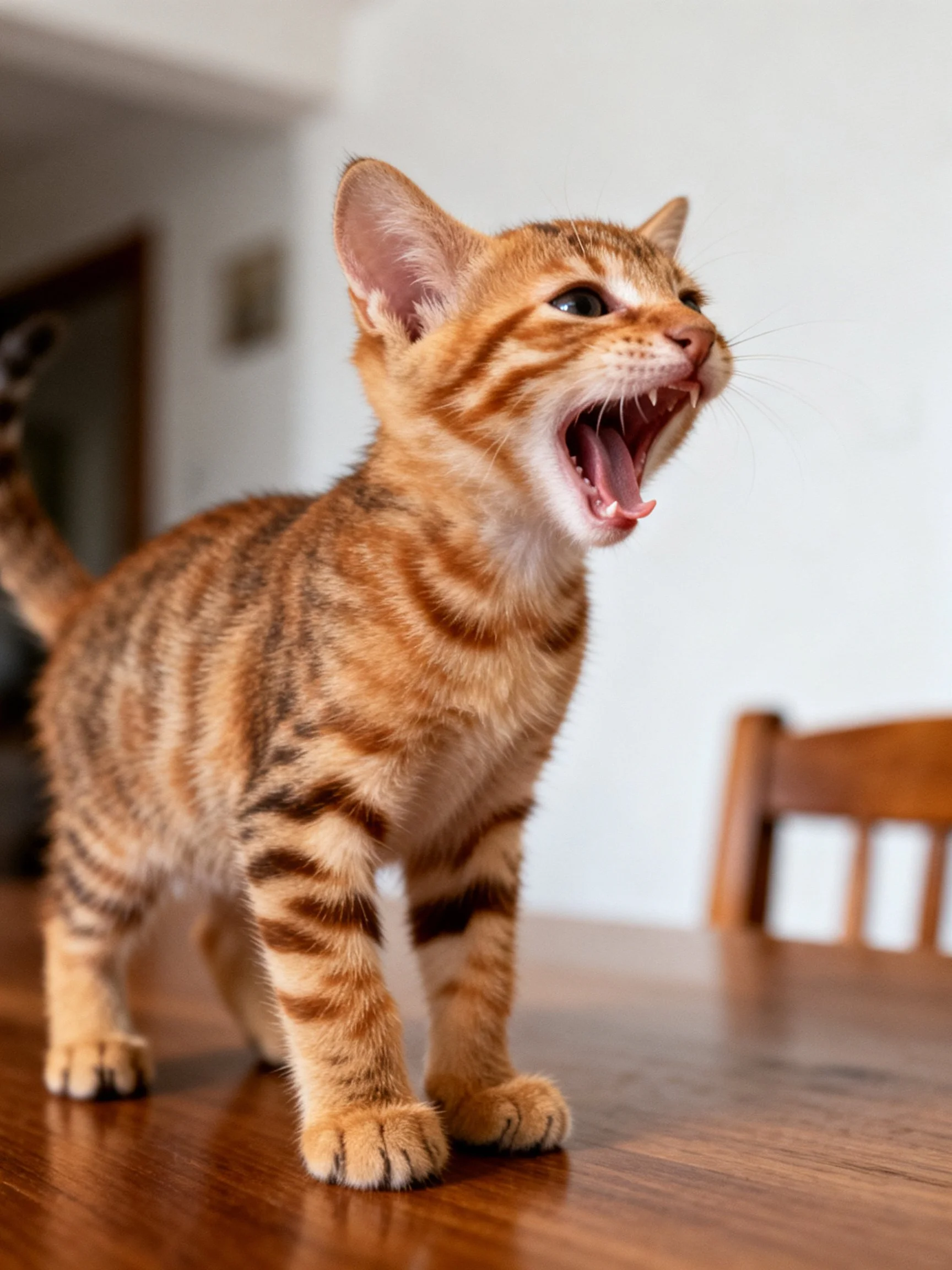 A small orange tabby kitten yawning on a polished wooden table