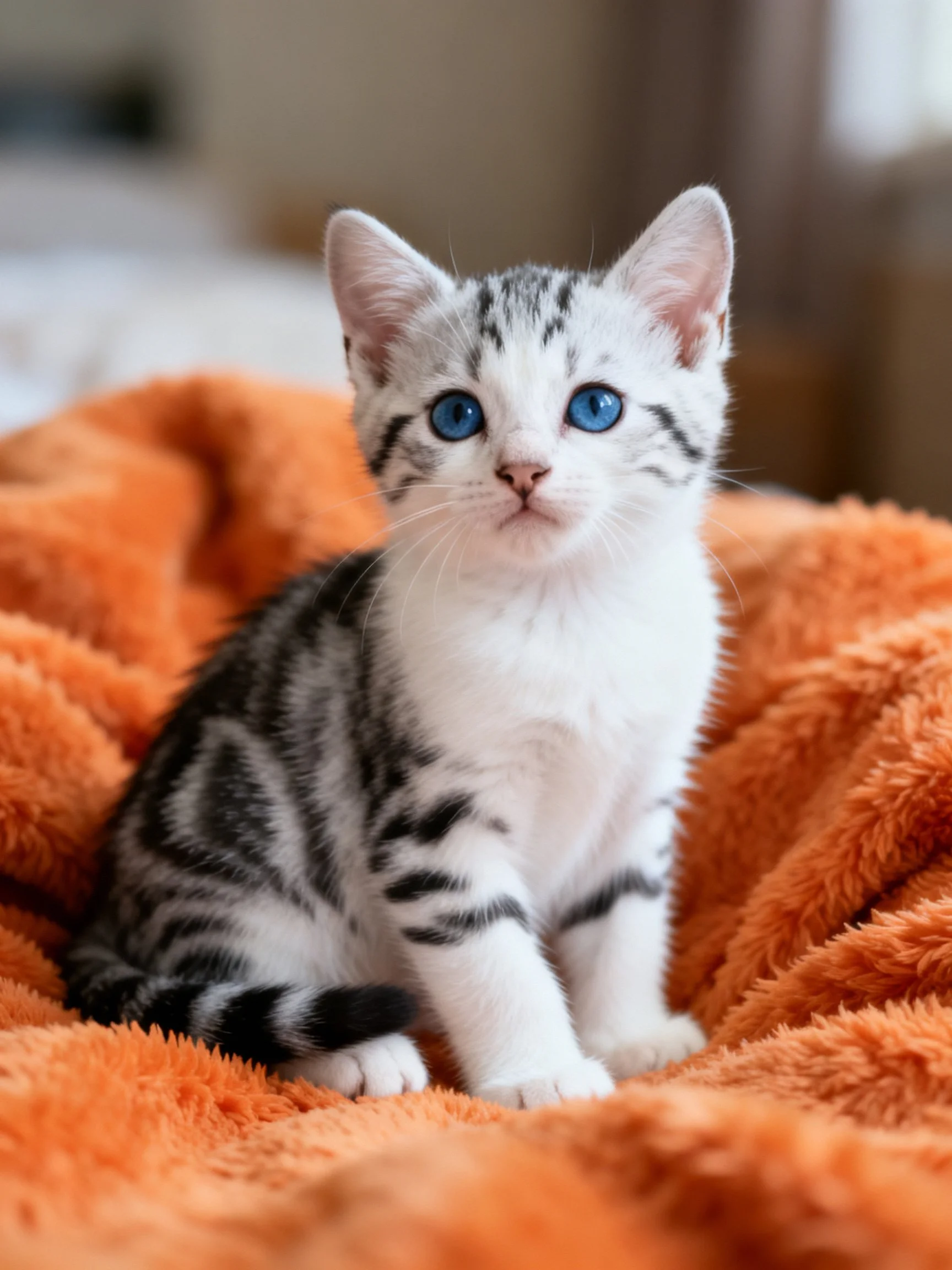A small tabby kitten with blue eyes sits on a soft orange blanket.