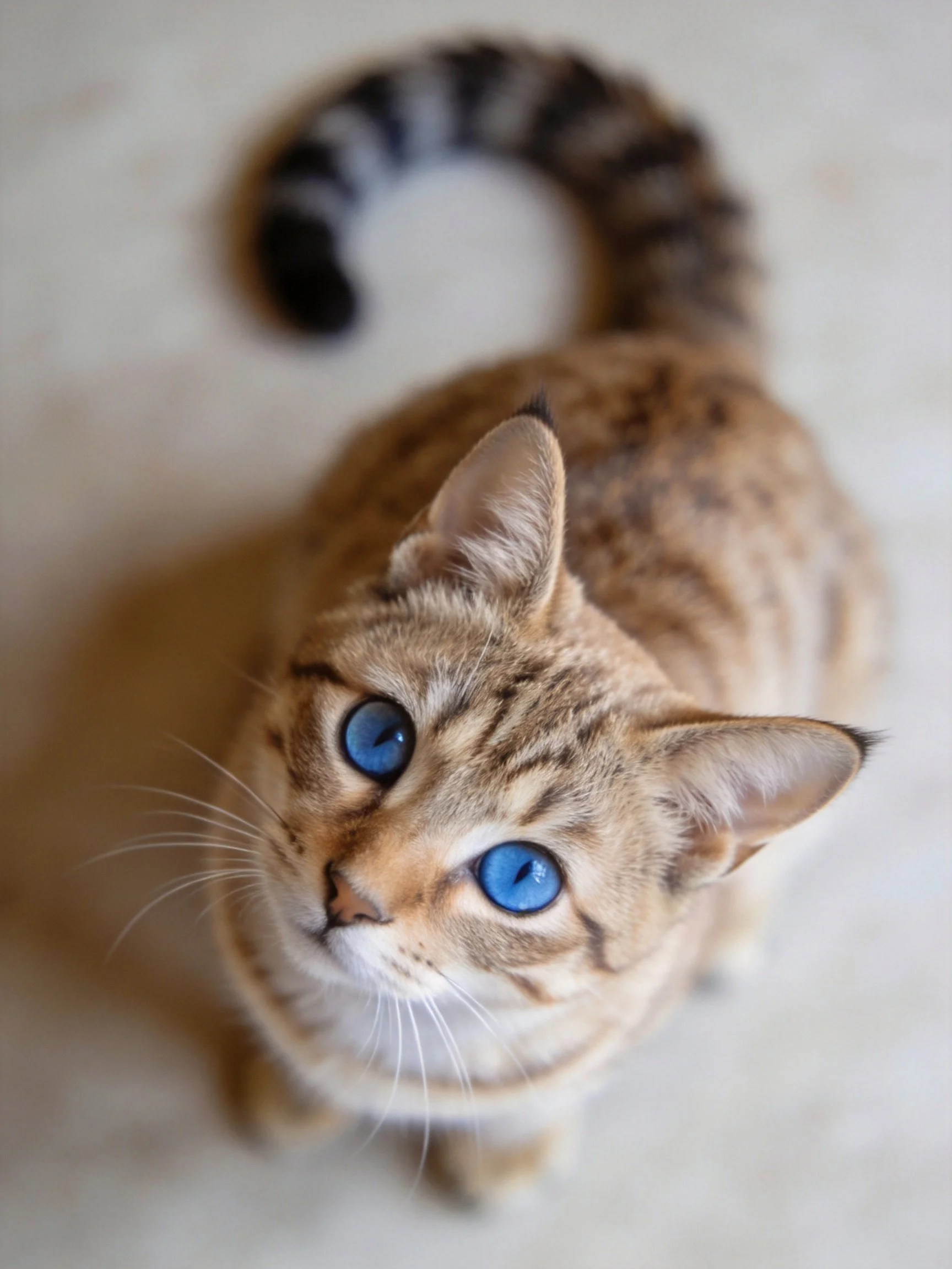 A small spotted cat with bright blue eyes looks upward.