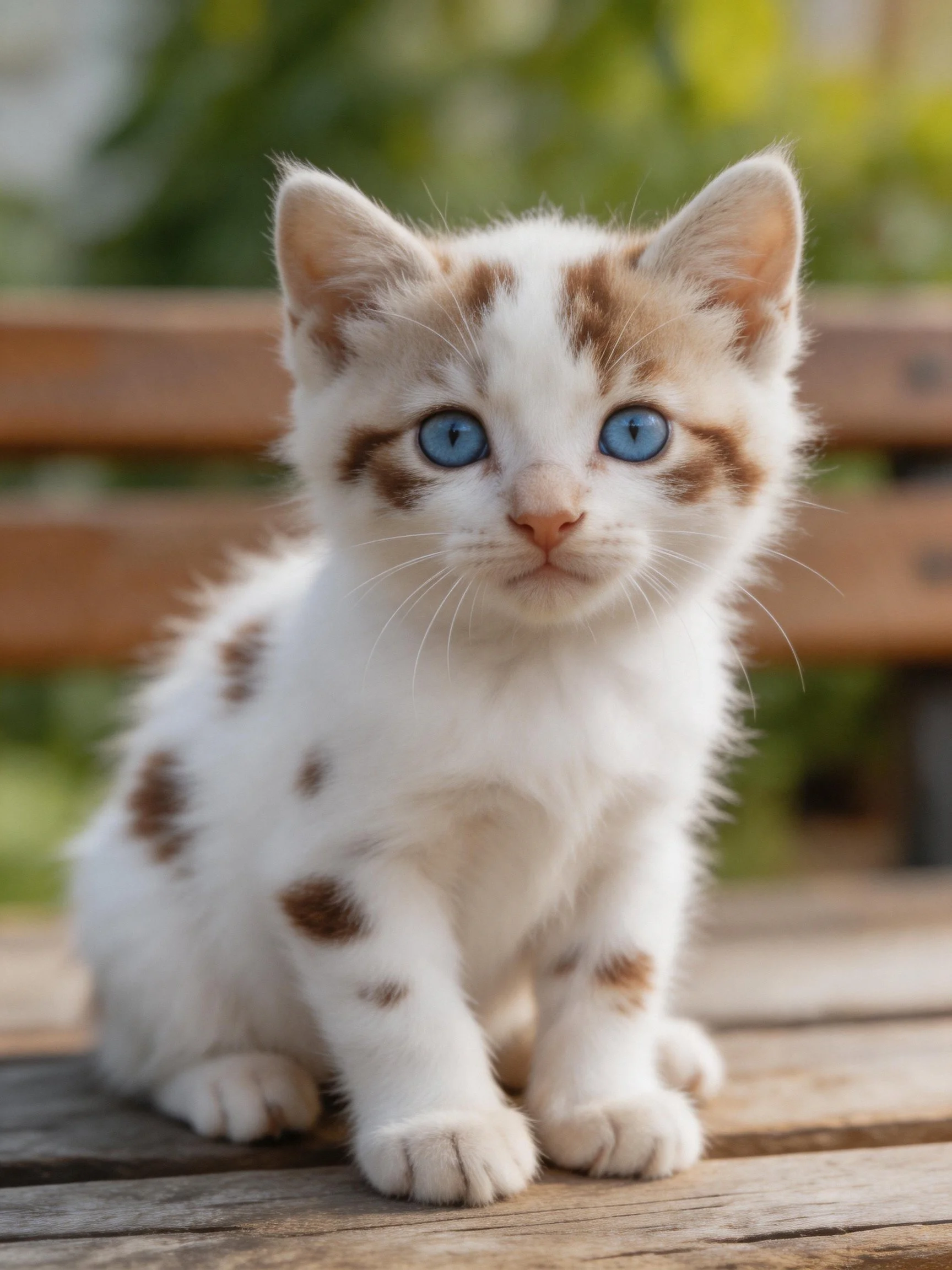 A small spotted kitten with blue eyes sits on wooden planks outdoors