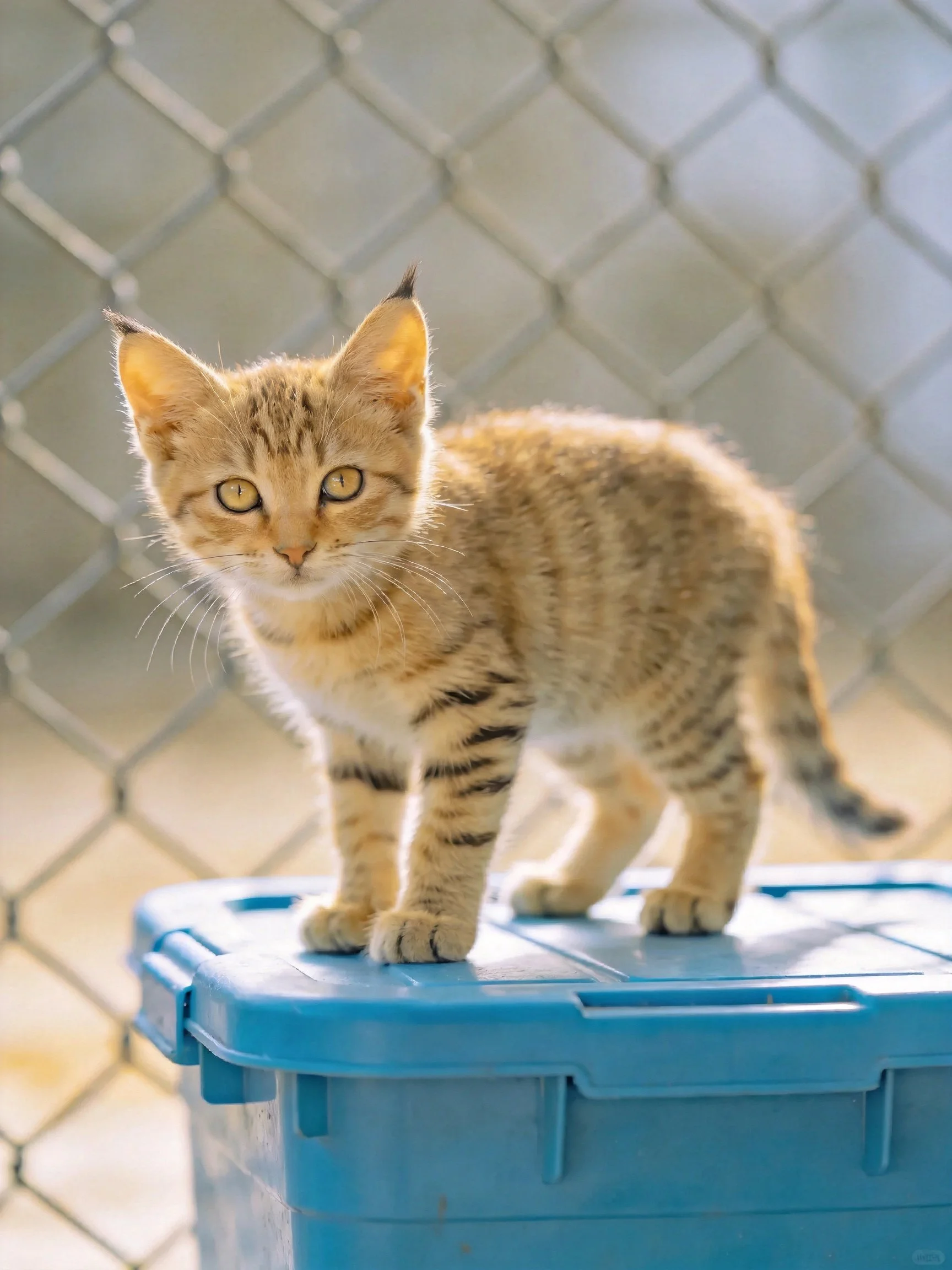 A small tabby kitten stands on a blue container next to a chain-link fence