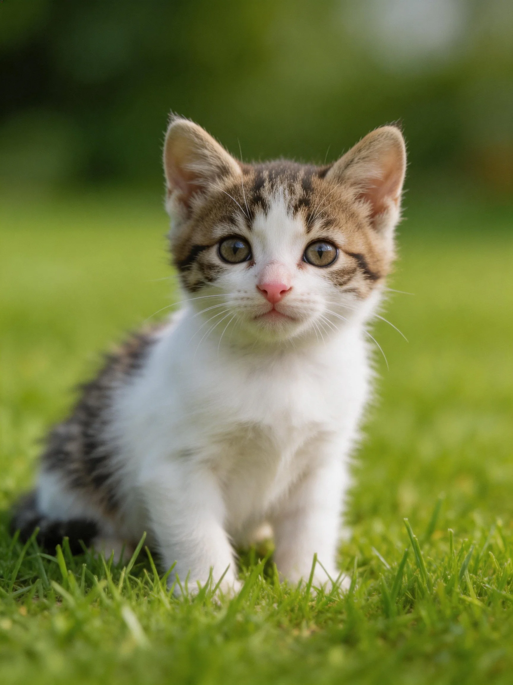 A small tabby-and-white kitten sits on vibrant green grass.