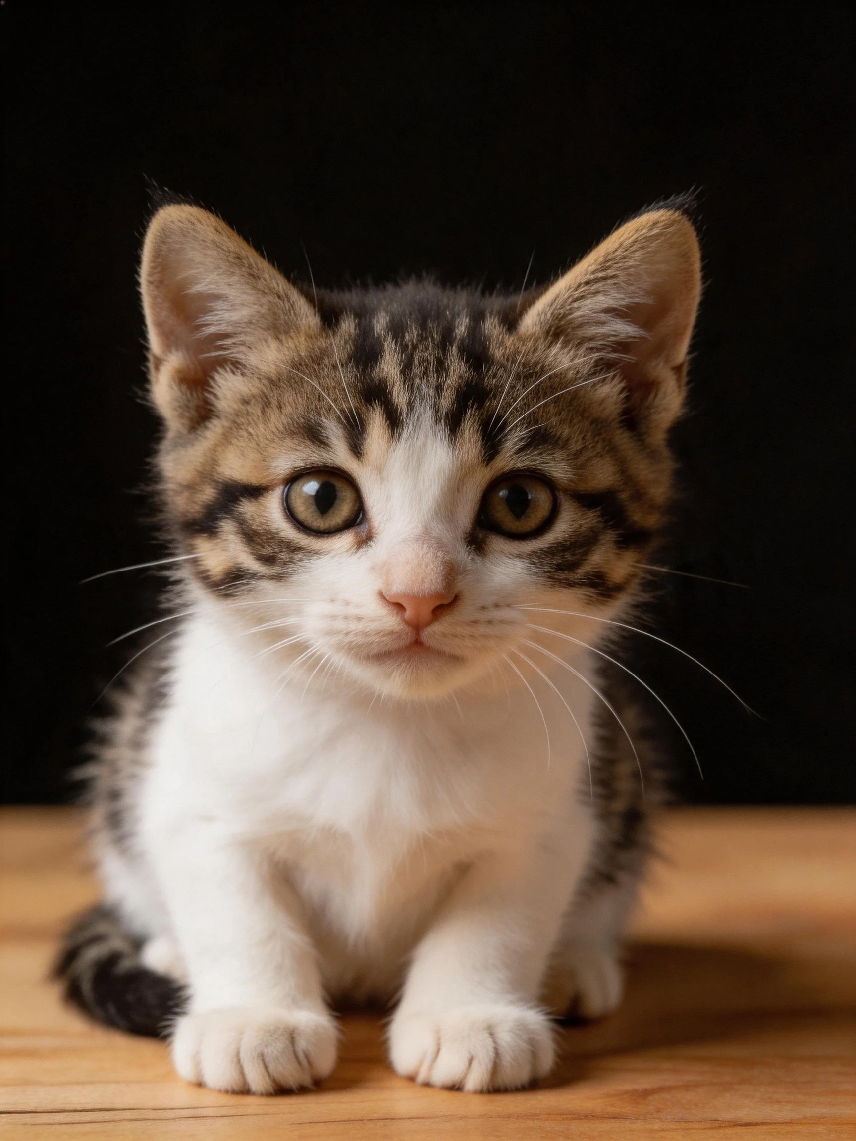 A small tabby-and-white kitten sits on a wooden surface