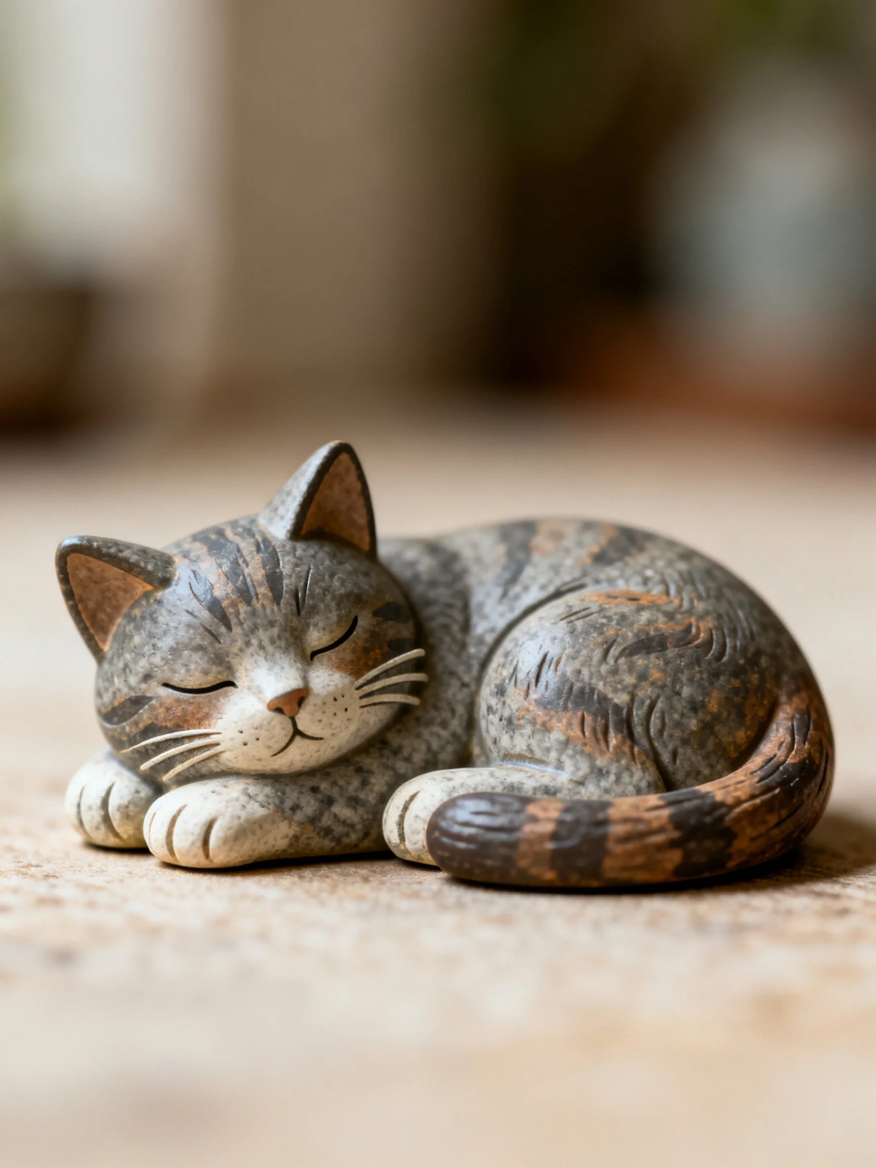A small tabby cat figurine resting peacefully with closed eyes