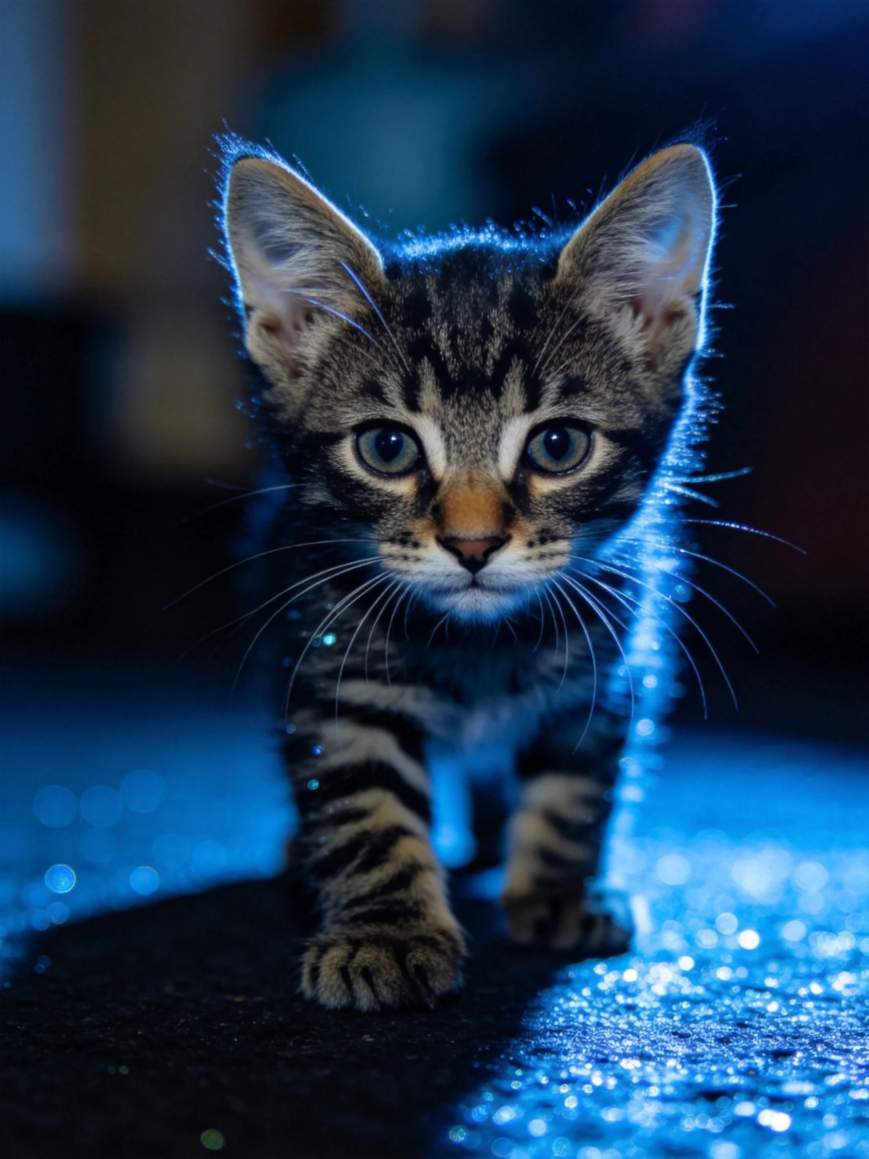A small tabby kitten bathed in glowing blue light